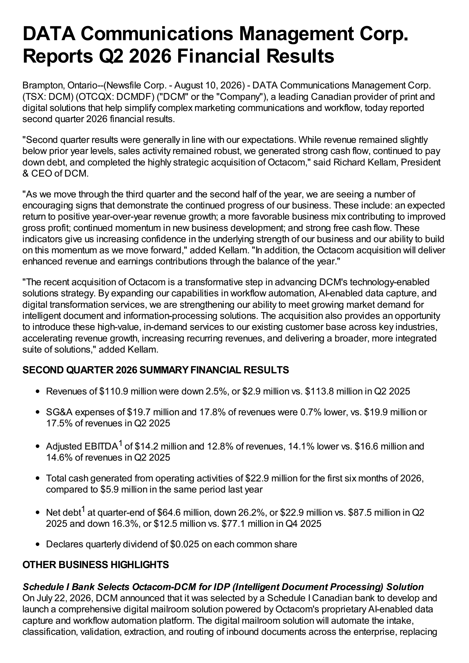 DATA Communications Management's Q2 2026 Press Release