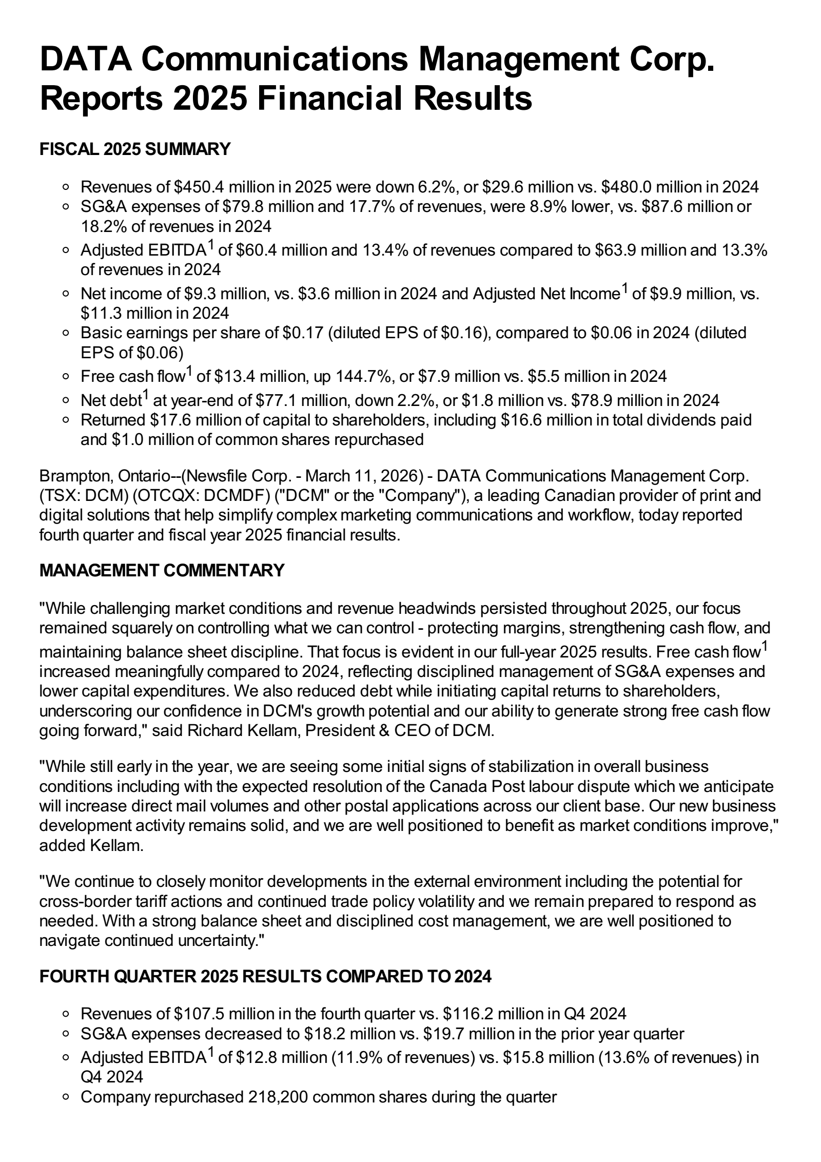 DATA Communications Management's Q4 2025 Press Release