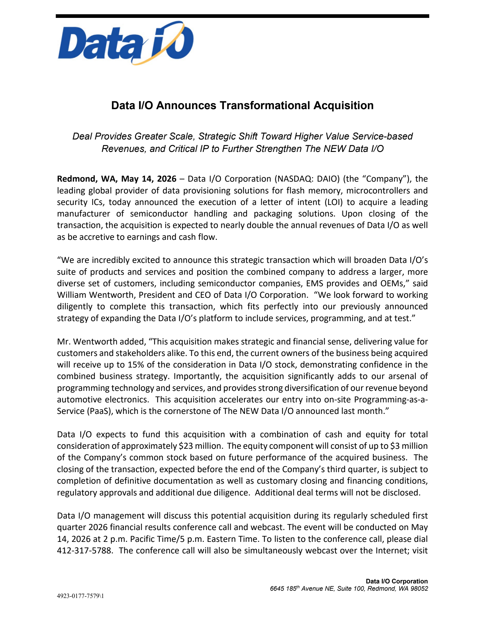Data I/O's Q1 2026 & M&A Announcement Press release