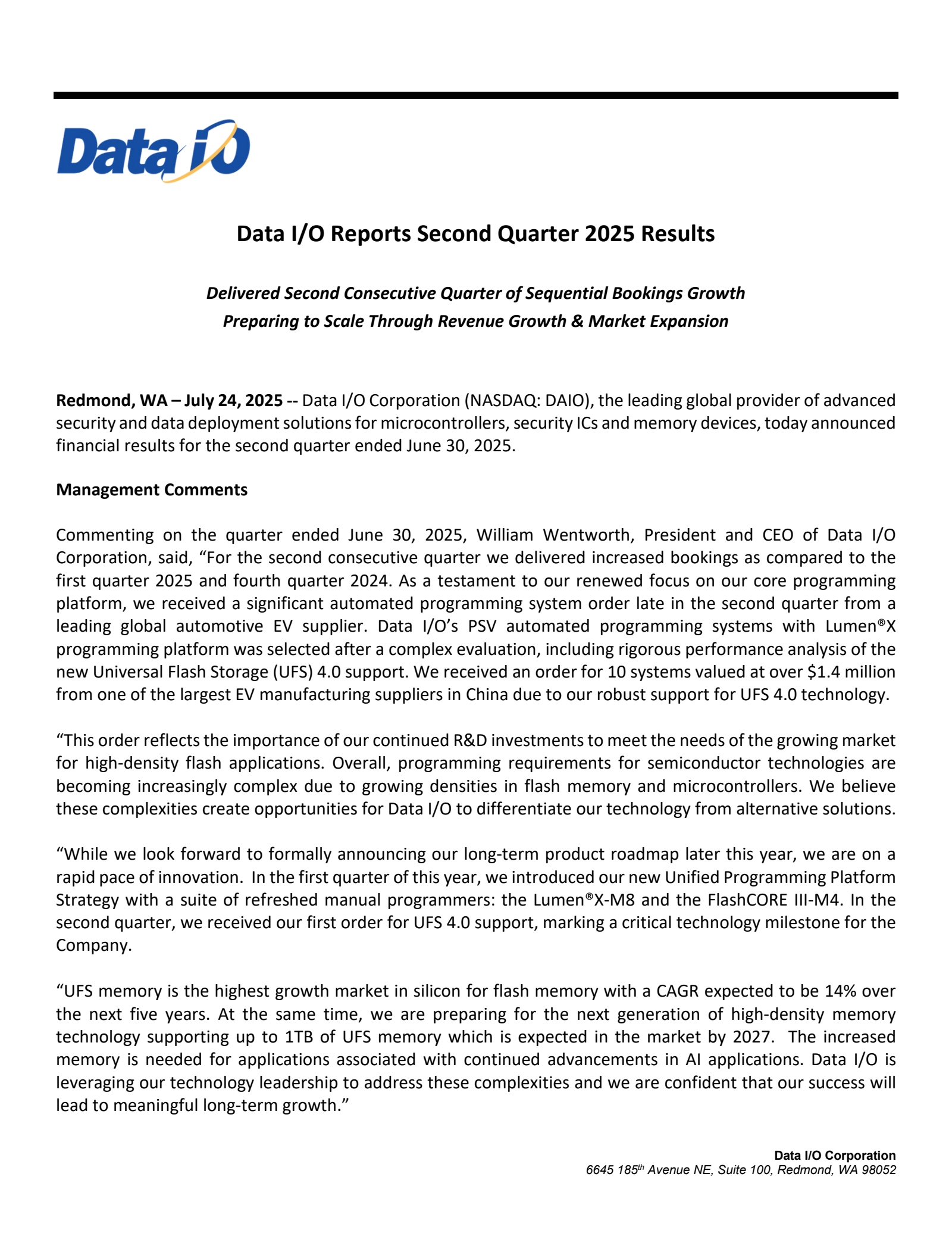 Data I/O's Q2 2025 Press Release