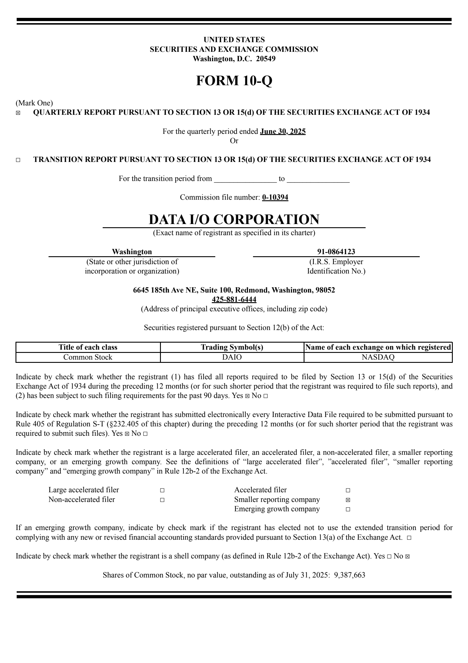 Data I/O's Q2 2025 Quarterly report