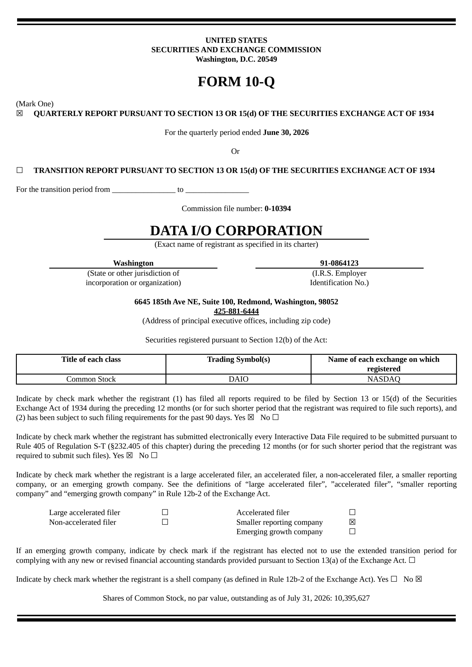 Data I/O's Q2 2026 Quarterly report