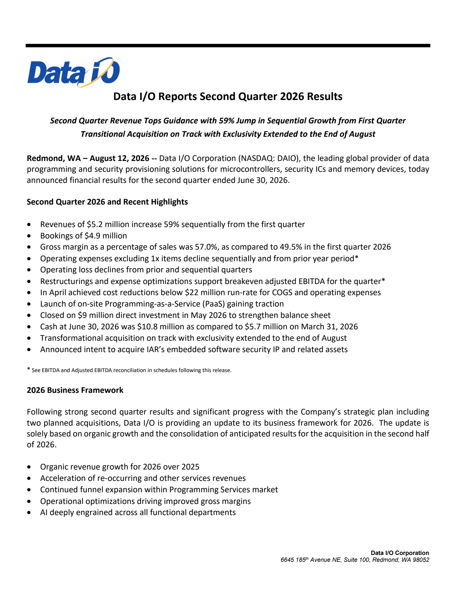 Data I/O's Q2 2026 Press Release