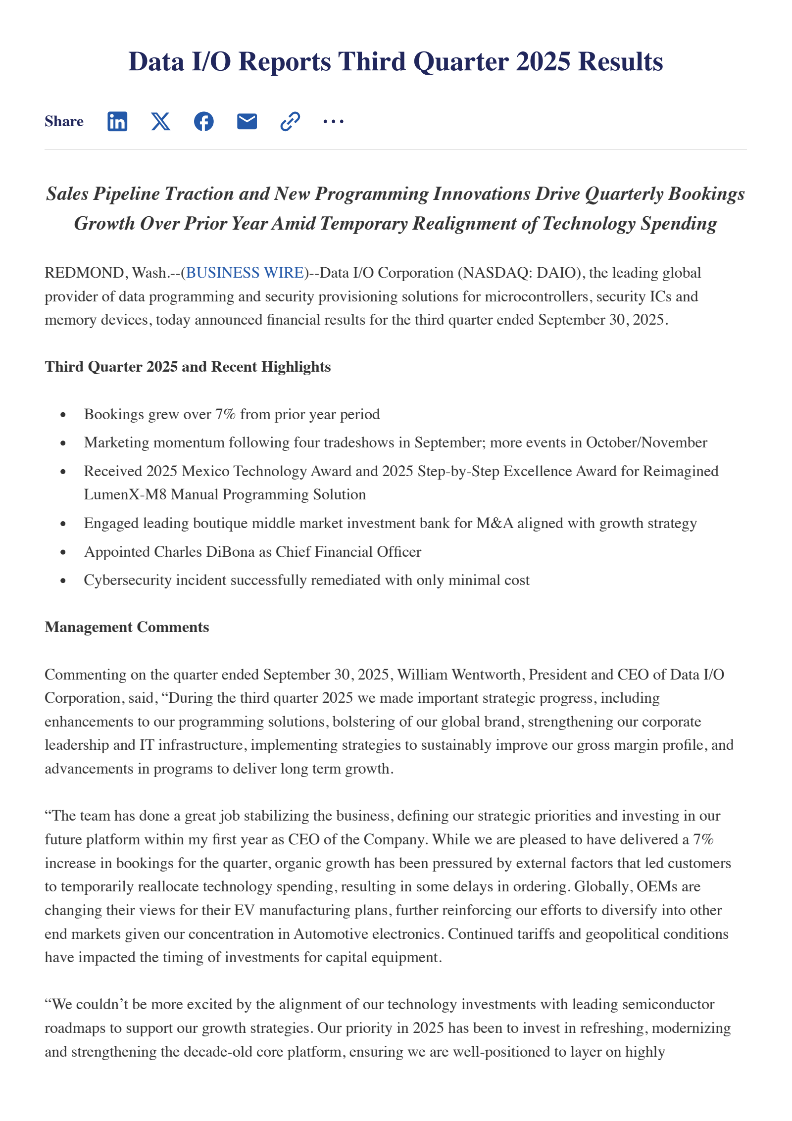 Data I/O's Q3 2025 Earnings Release