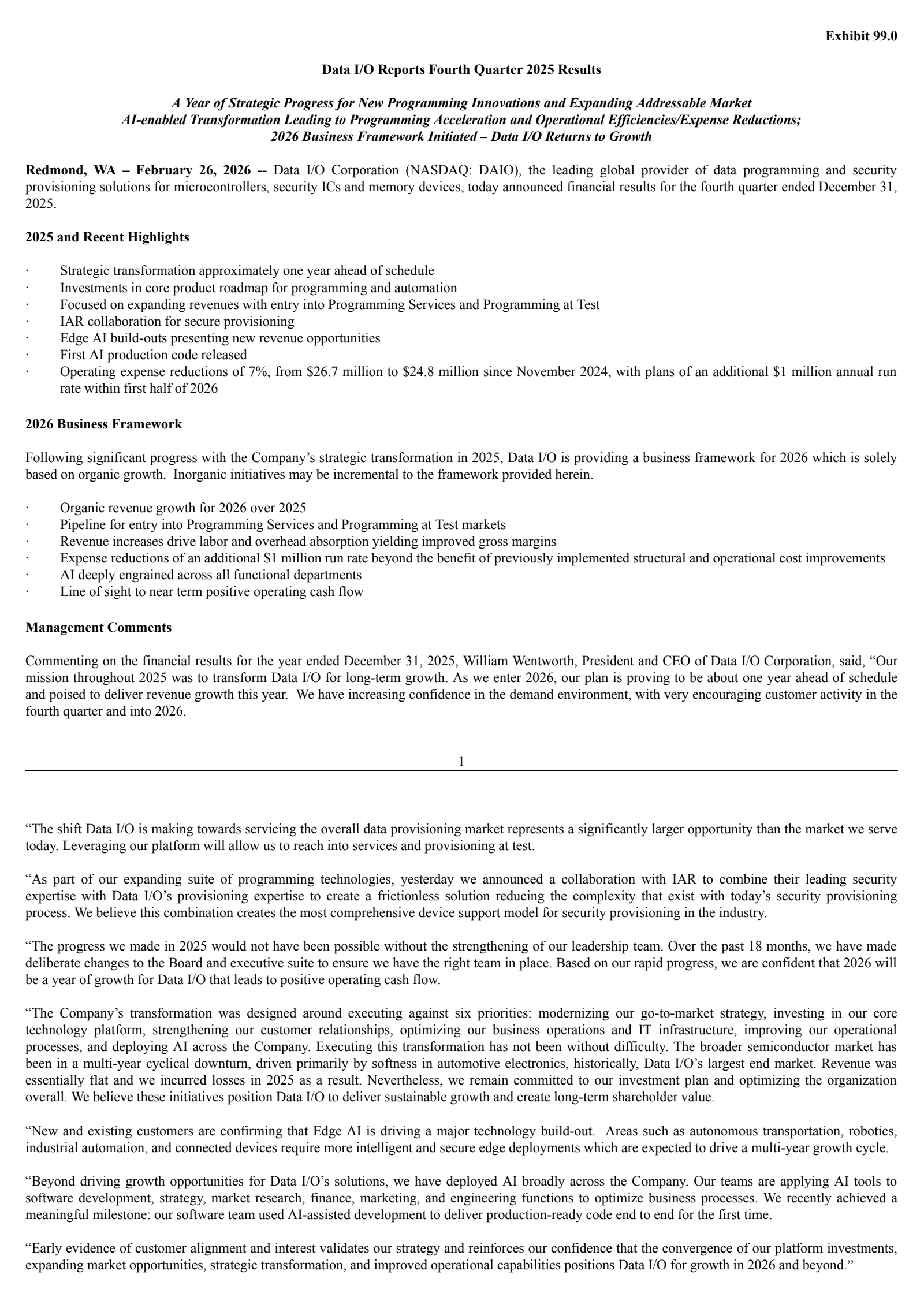 Data I/O's Q4 2025 Press Release