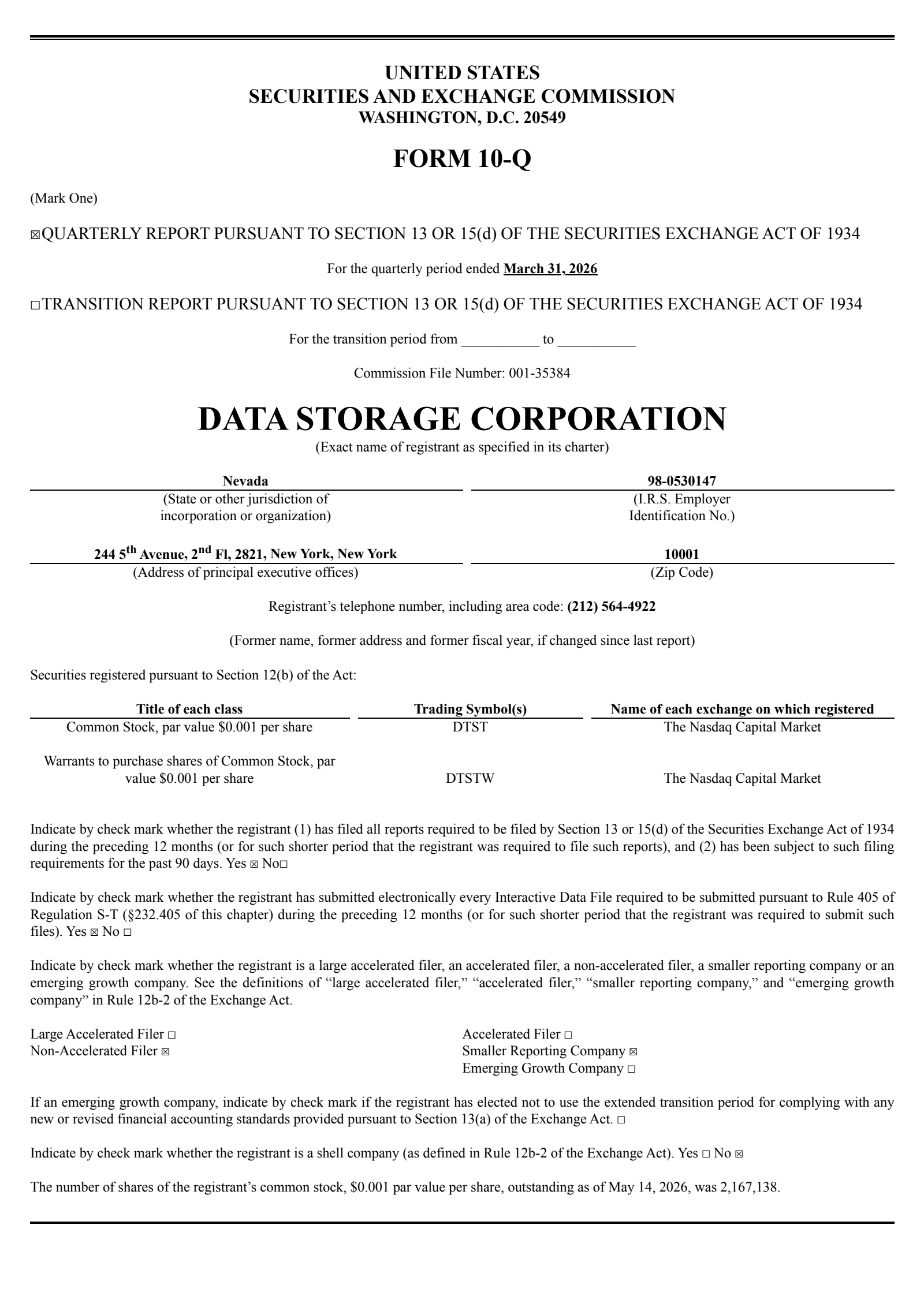 Data Storage's Q1 2026 Quarterly report