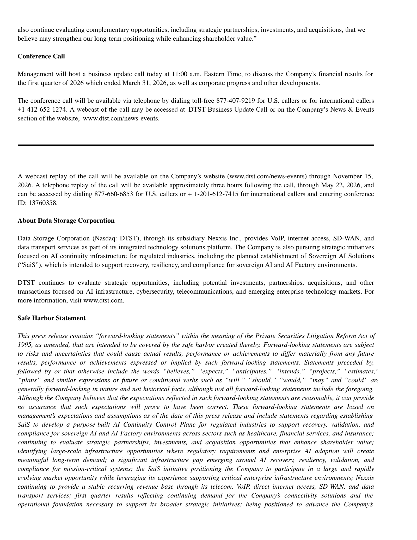 Data Storage's Q1 2026 Press Release
