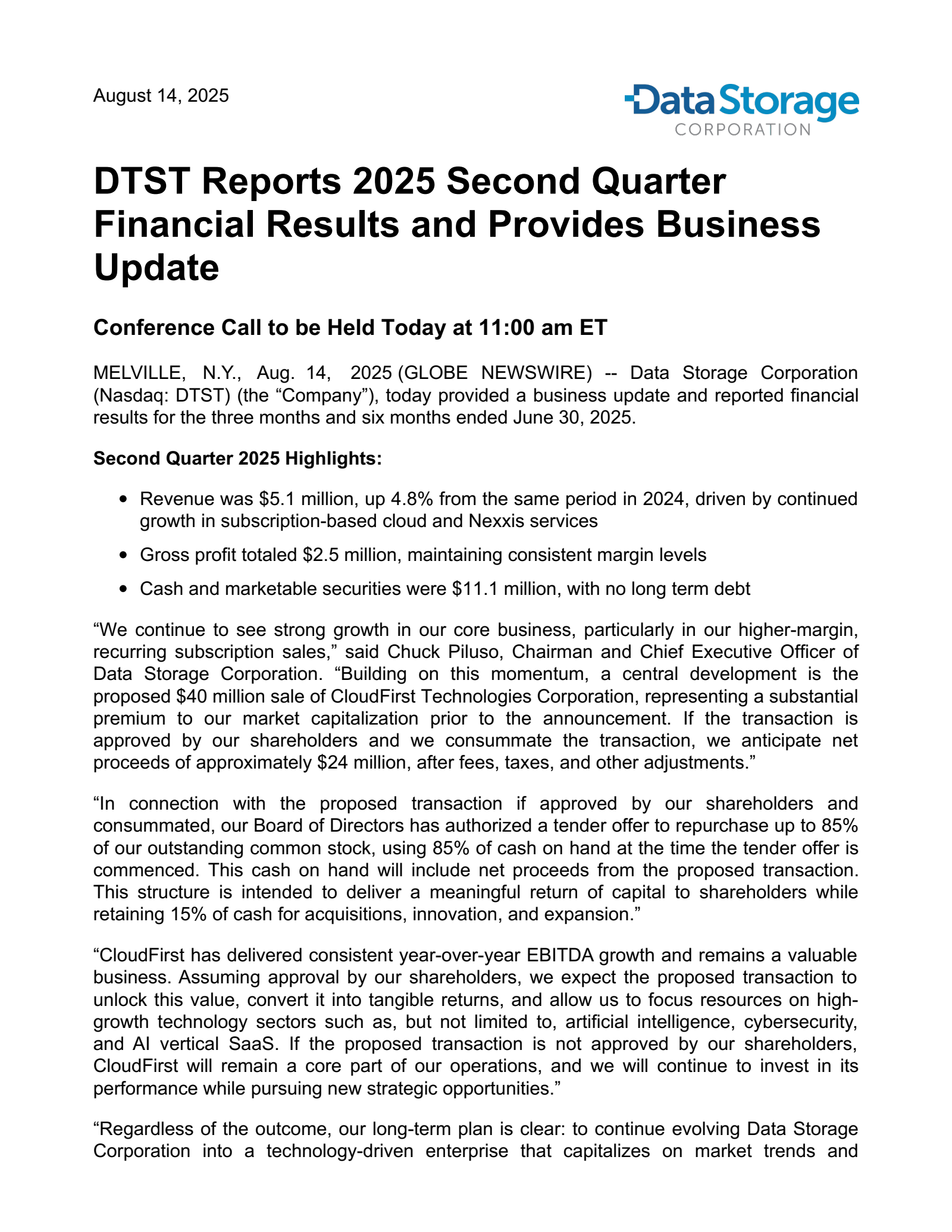 Data Storage's Q2 2025 Press Release