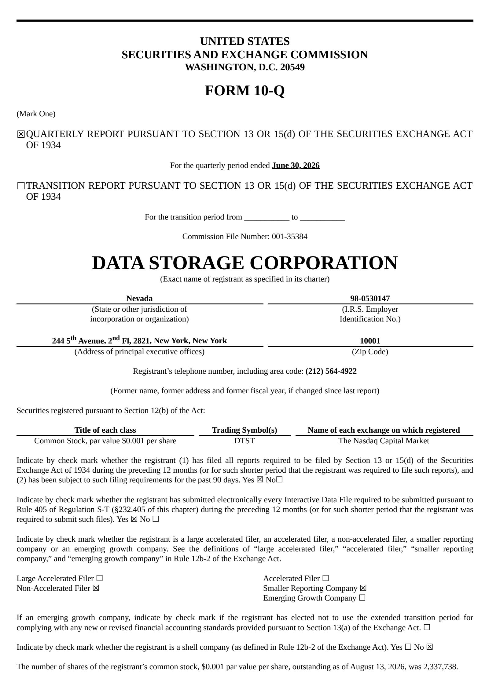 Data Storage's Q2 2026 Quarterly report