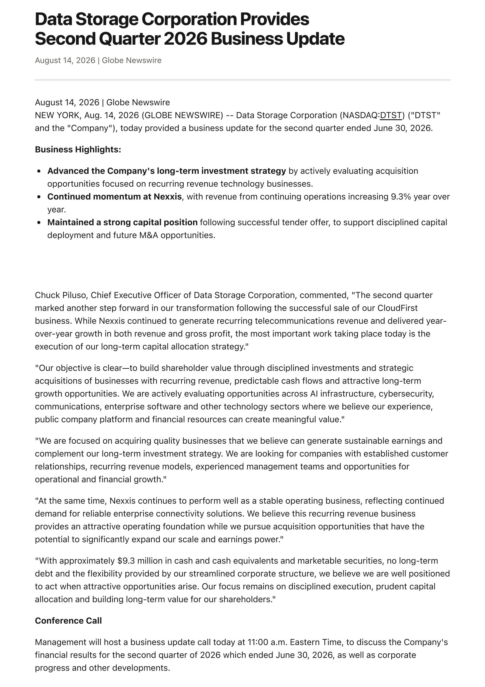 Data Storage's Q2 2026 Press Release