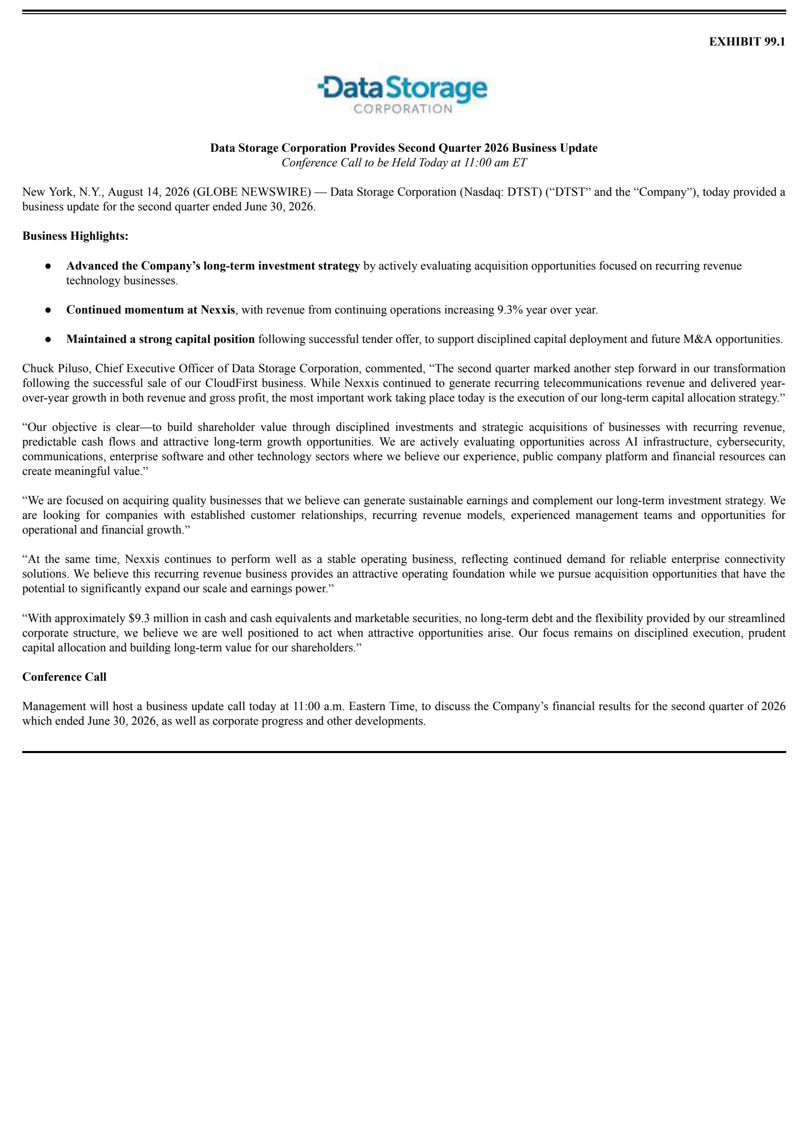 Data Storage's Q2 2026 Press Release