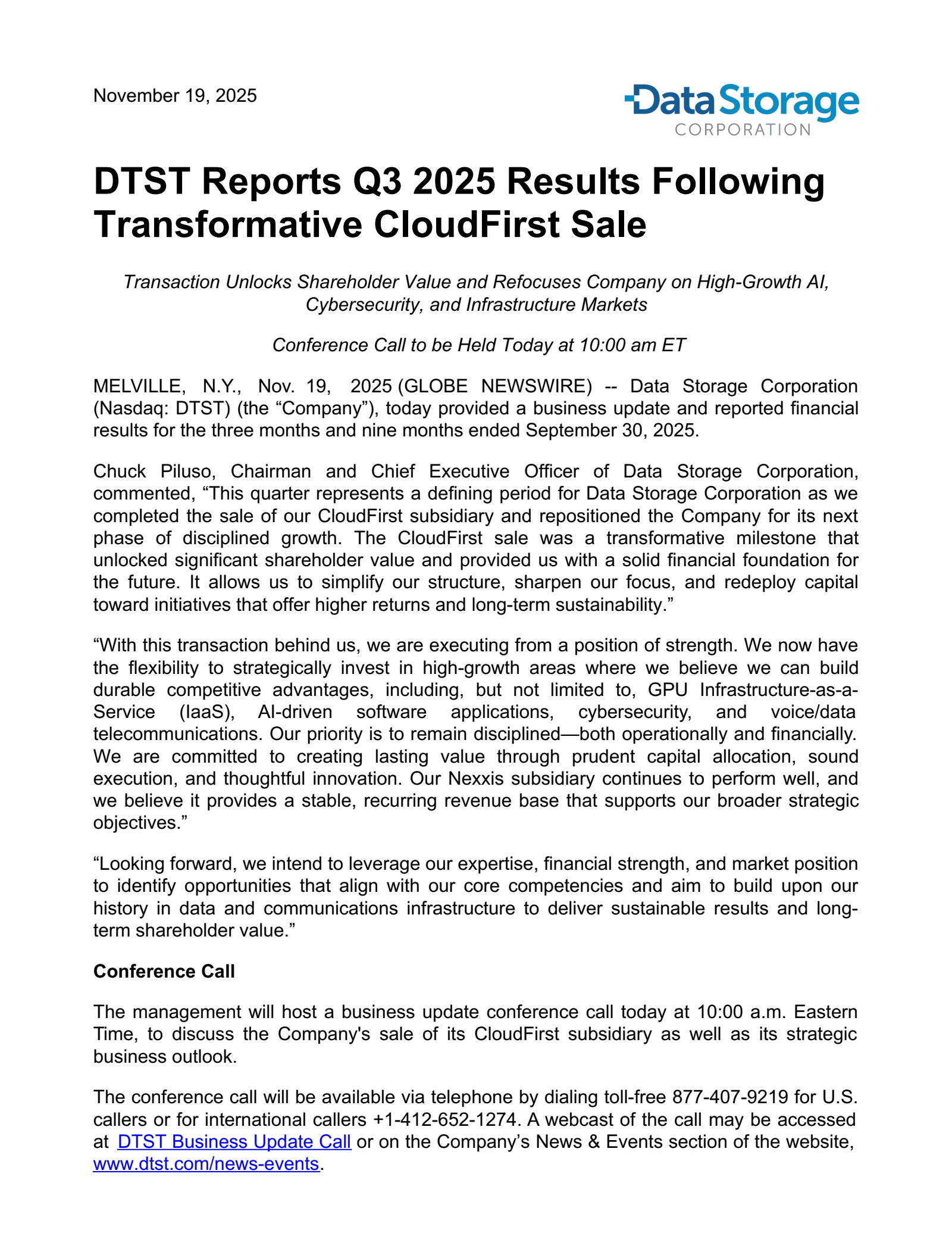 Data Storage's Q3 2025 Earnings Release