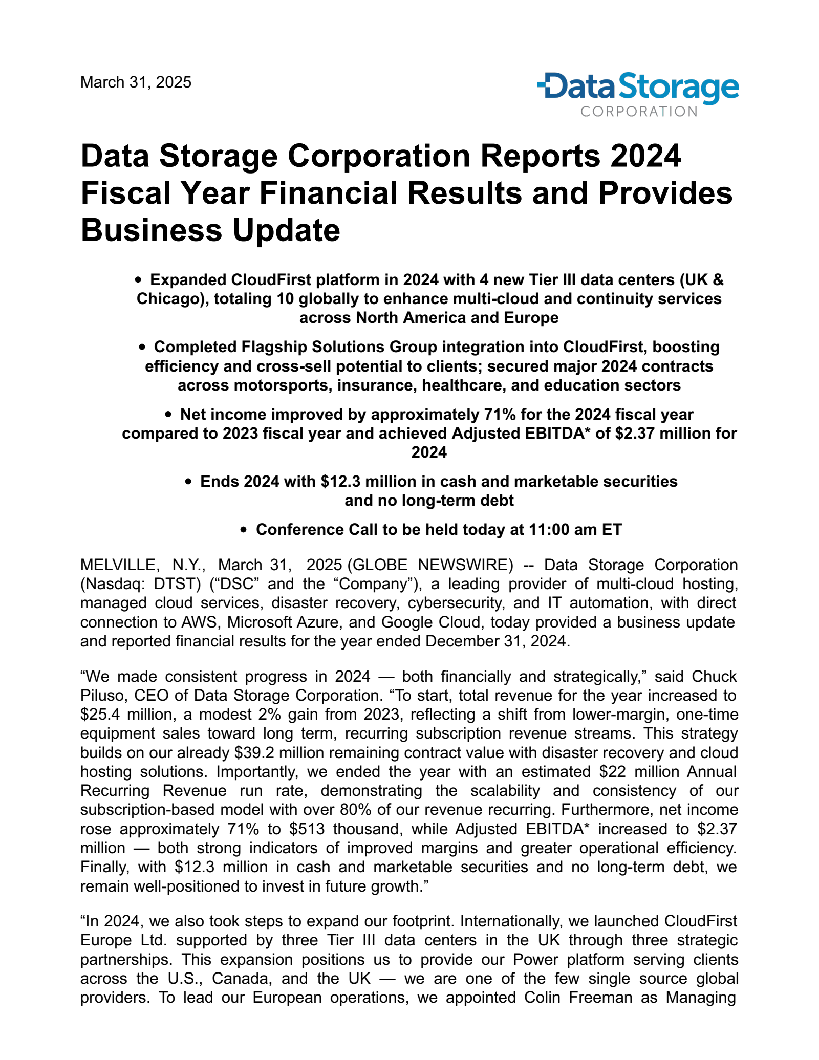 Data Storage's Q4 2024 Press Release