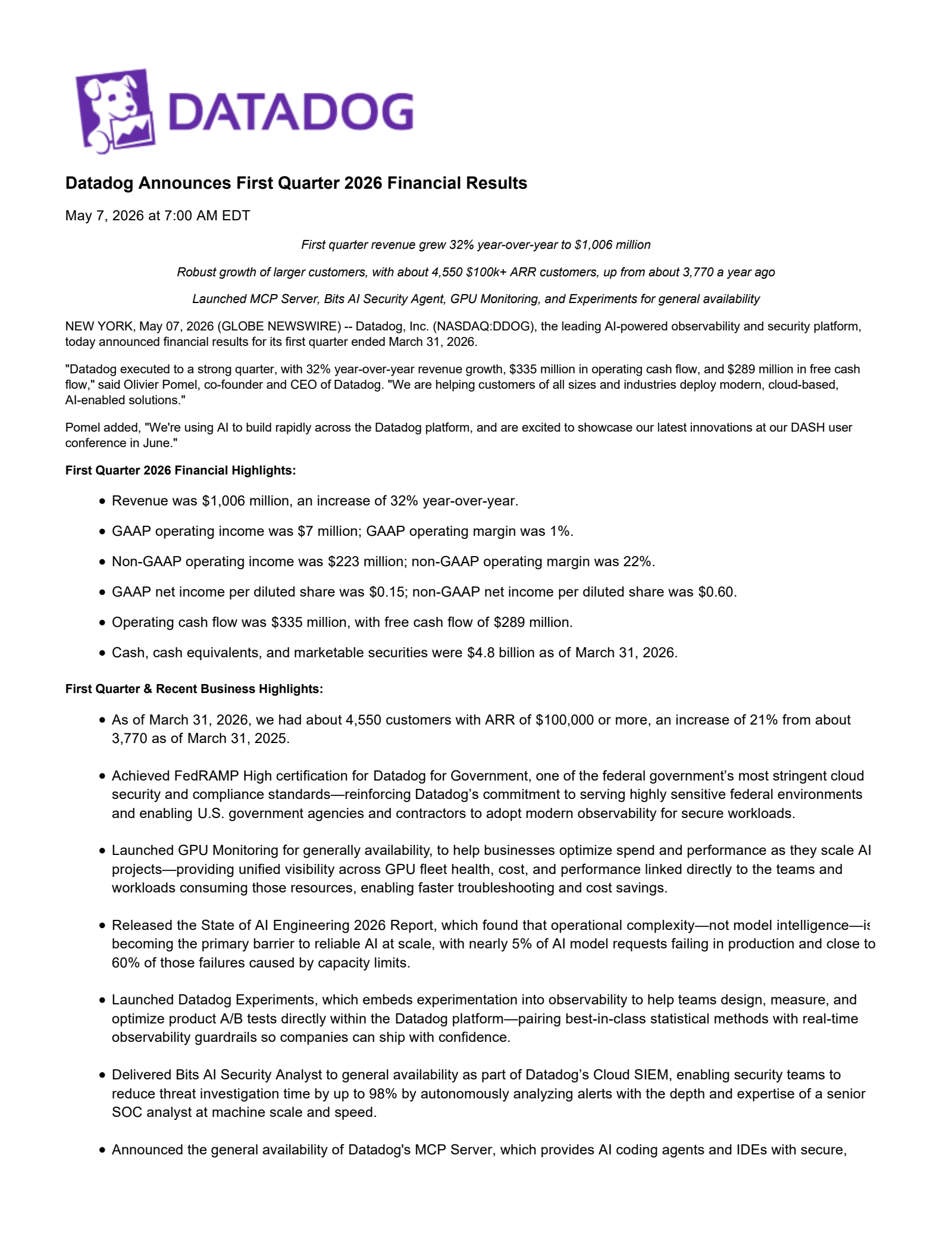 Datadog's Q1 2026 Press Release