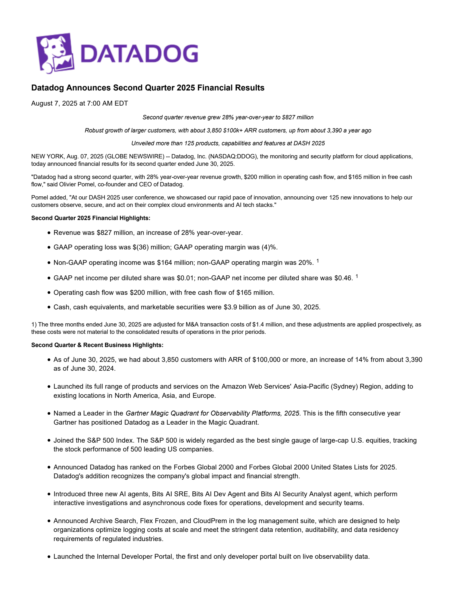 Datadog's Q2 2025 Press Release