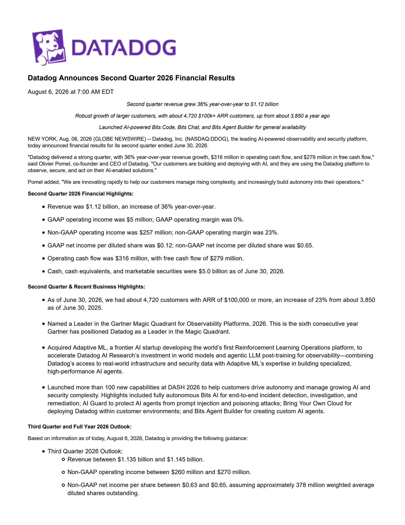 Datadog's Q2 2026 Press Release