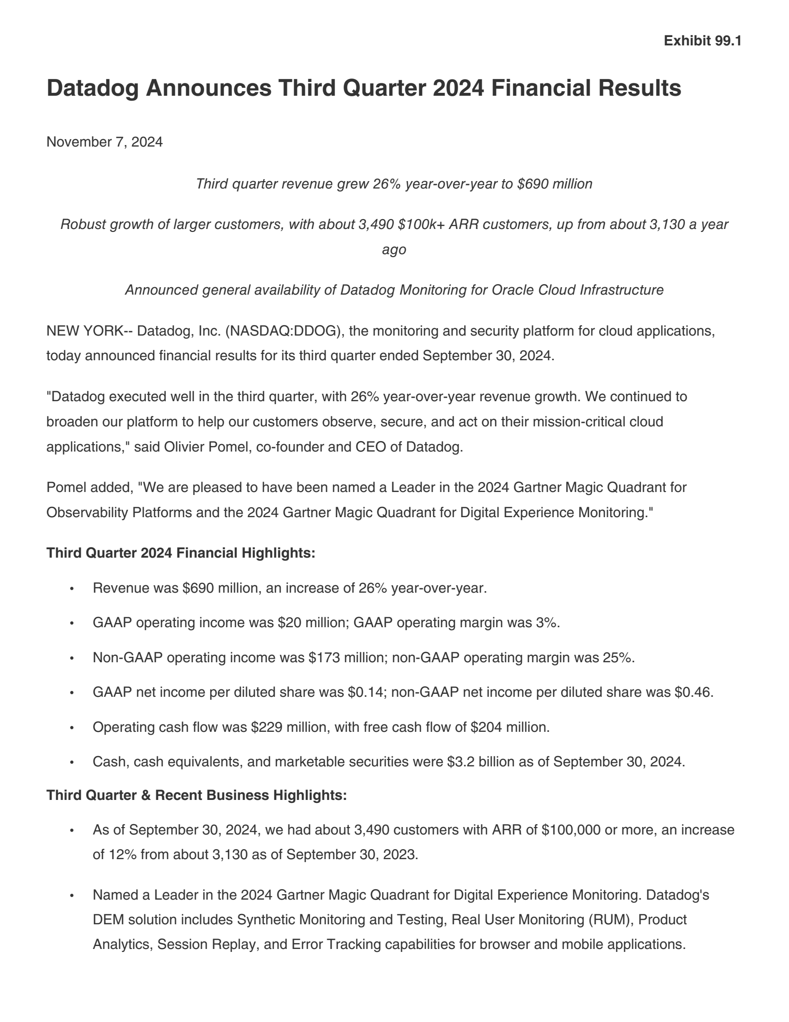 Datadog's Q3 2024 Press Release