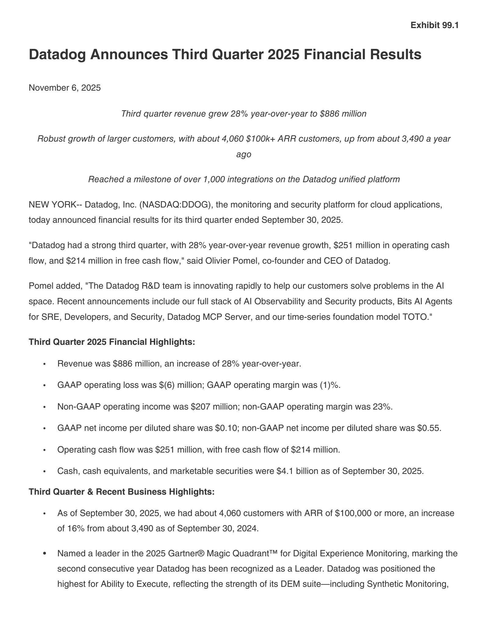 Datadog's Q3 2025 Earnings Release