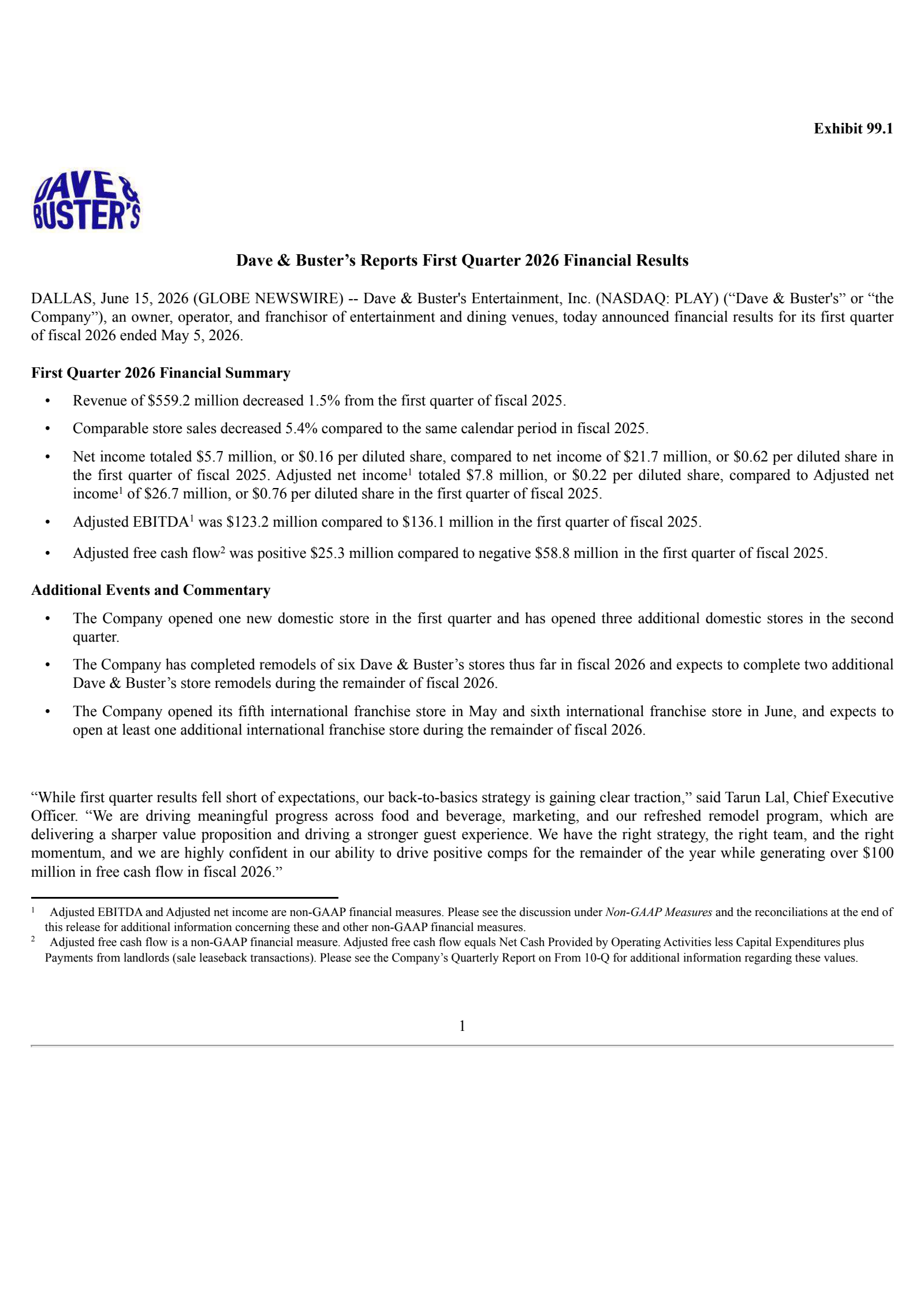 Dave & Buster's Entertainment's Q1 2026 Press Release