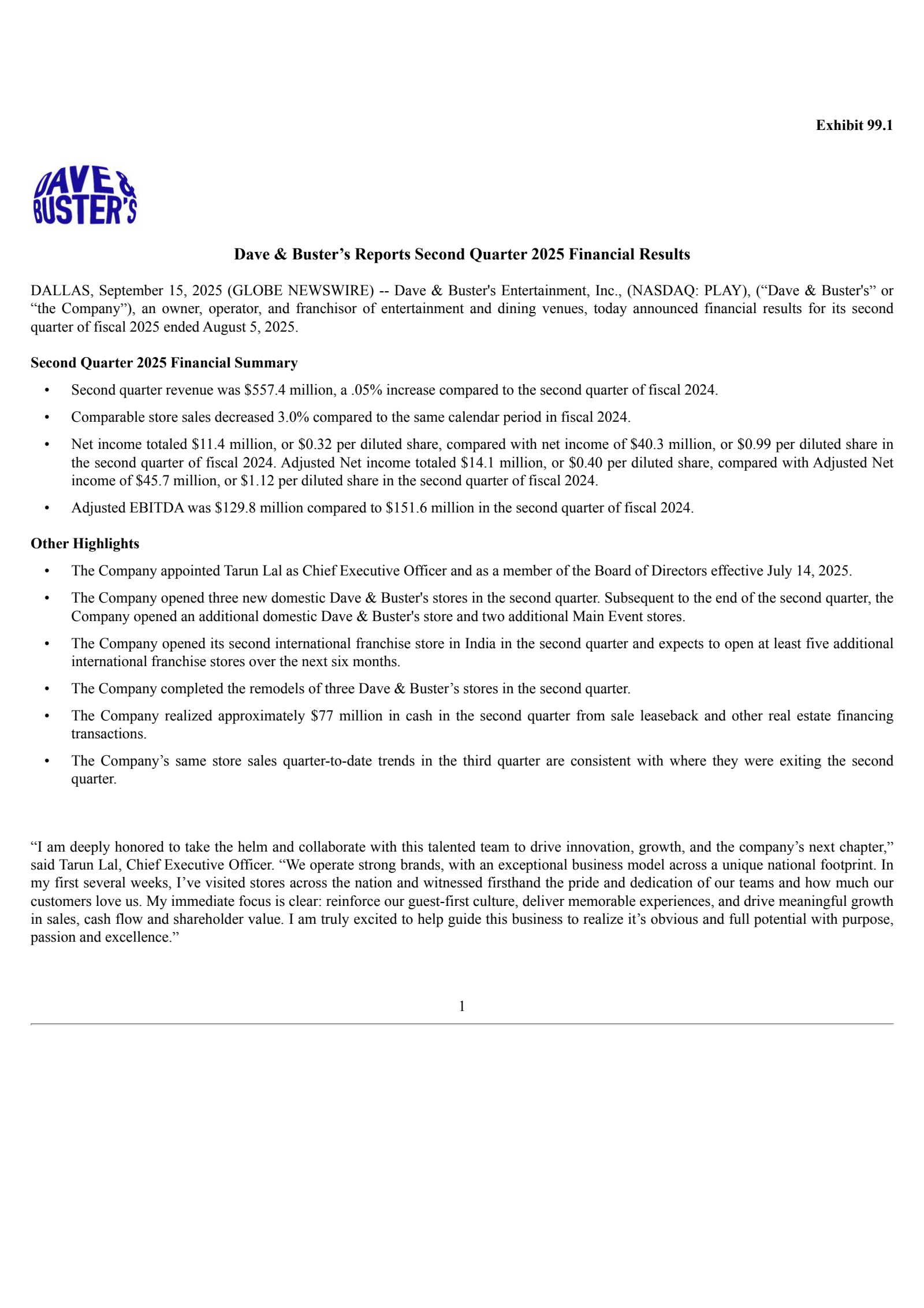 Dave & Buster's Entertainment's Q2 2026 Earnings Release