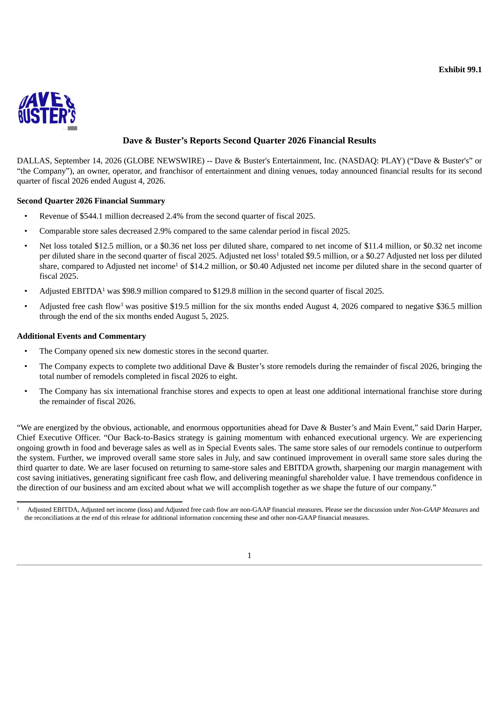 Dave & Buster's Entertainment's Q2 2026 Press Release
