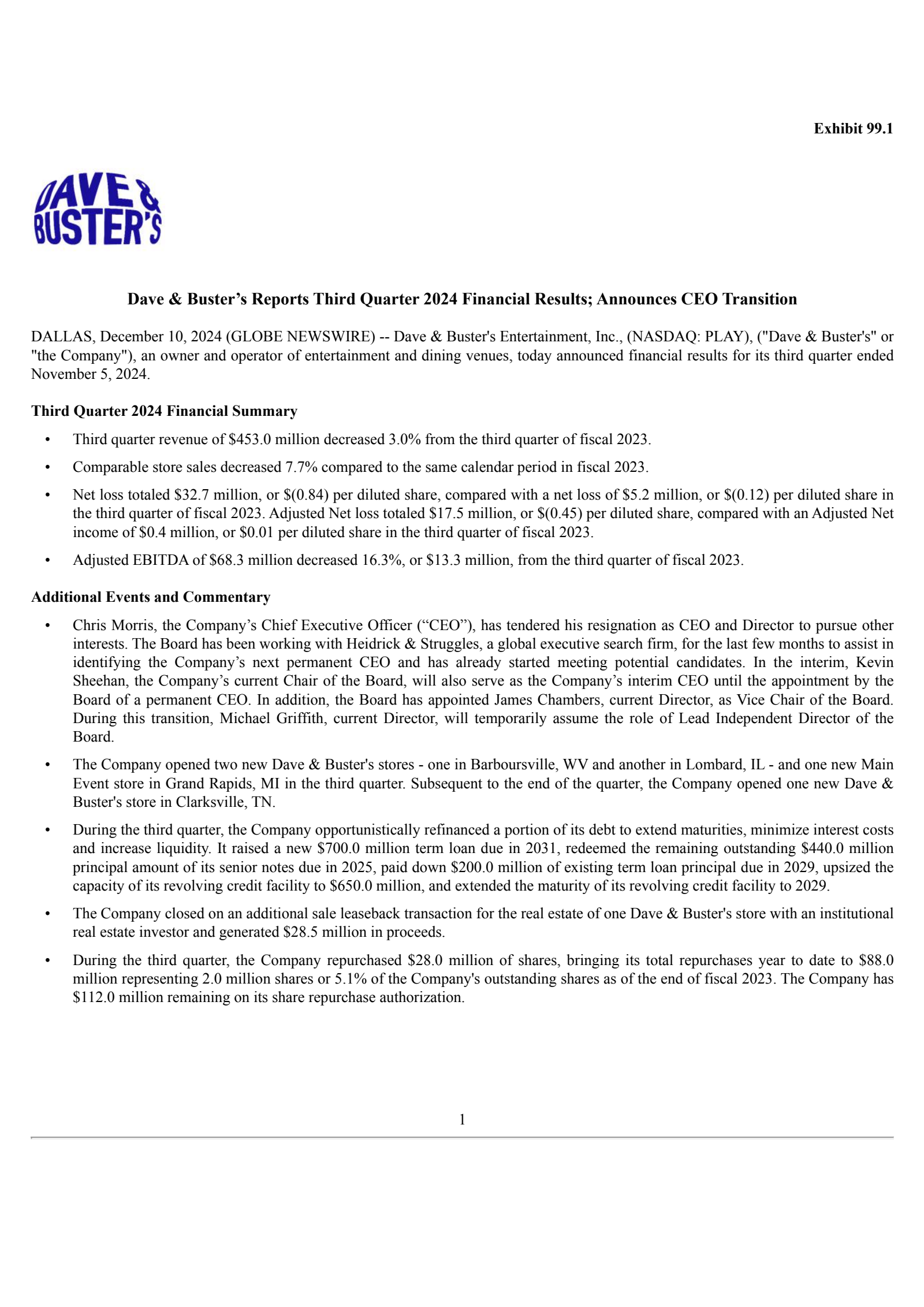 Dave & Buster's Entertainment's Q3 2025 Press Release