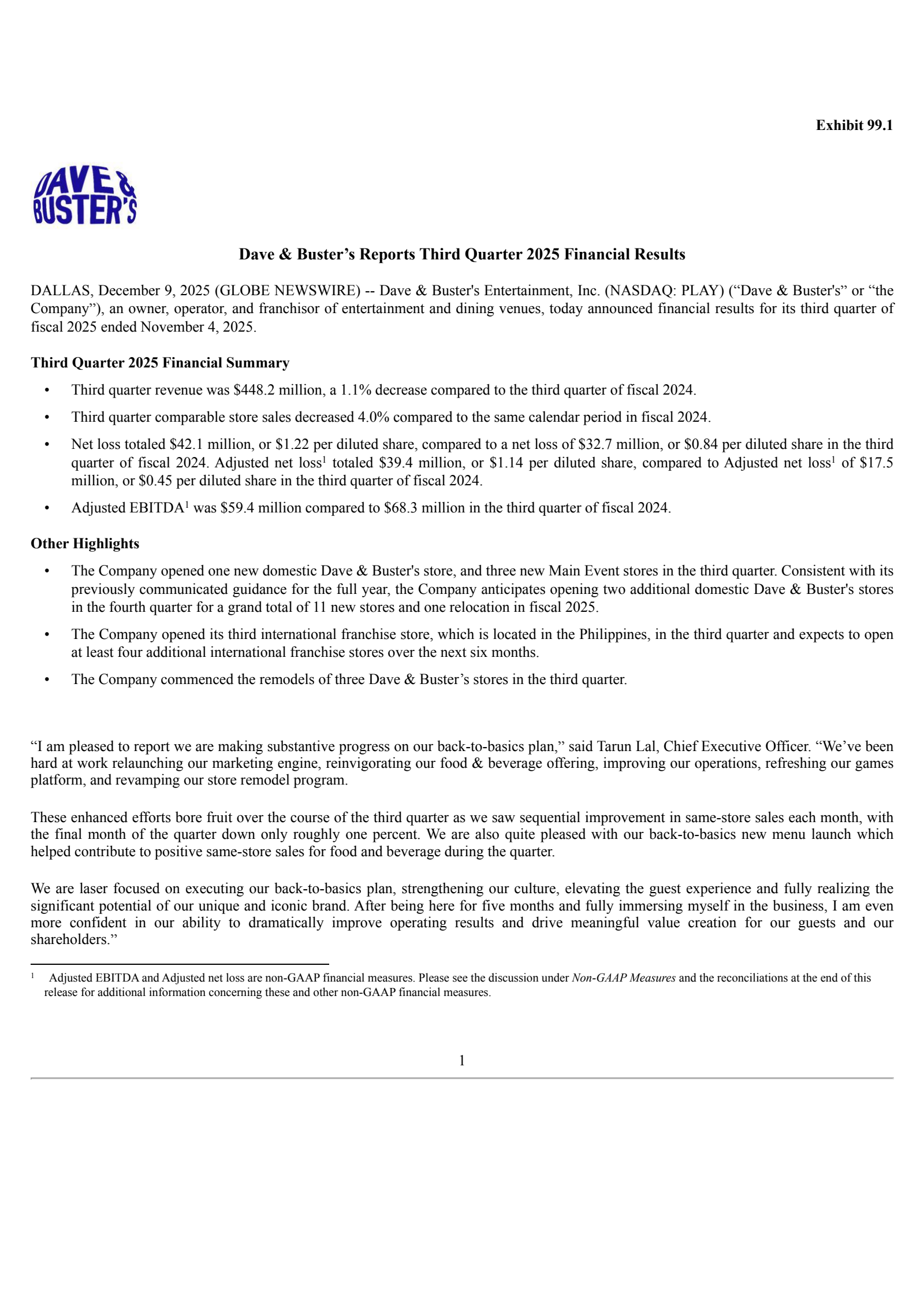 Dave & Buster's Entertainment's Q3 2026 Earnings Release