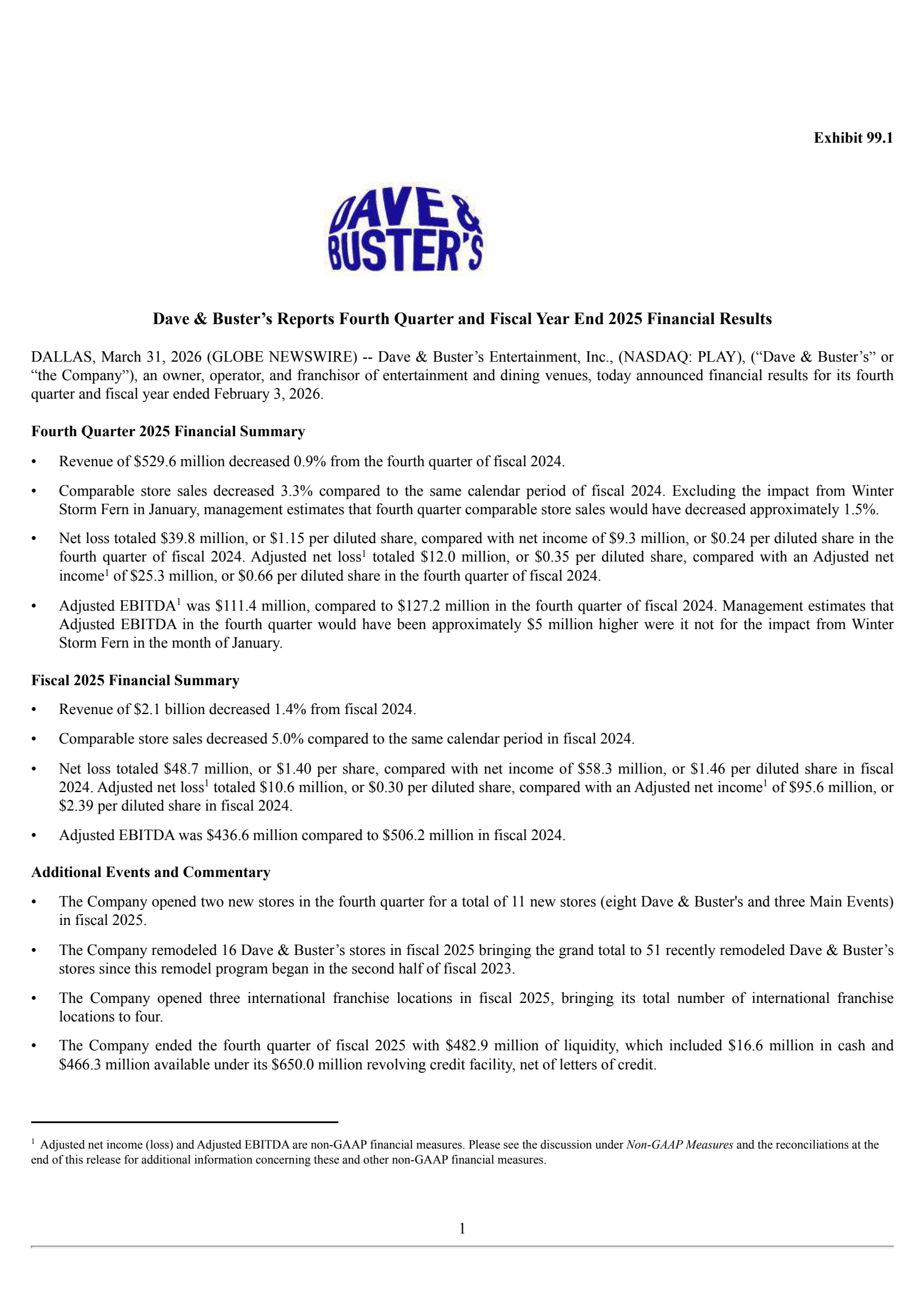 Dave & Buster's Entertainment's Q4 2026 Press Release