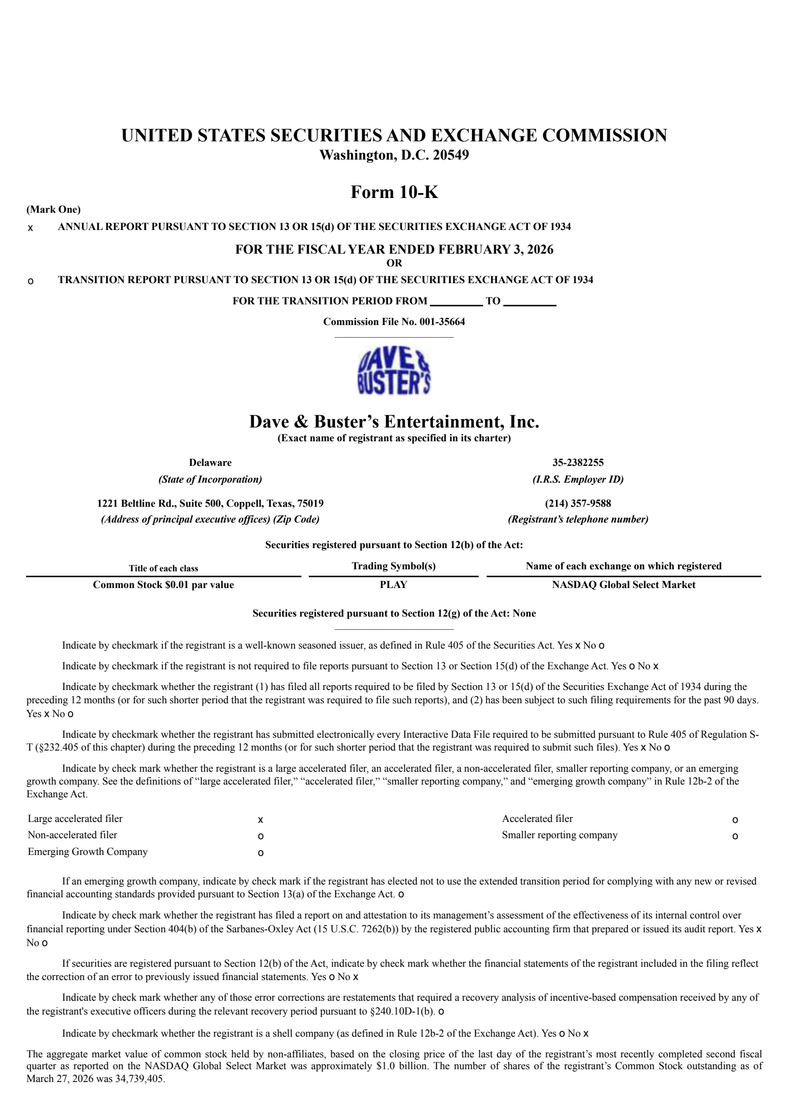 Dave & Buster's Entertainment's Q4 2026 Annual report