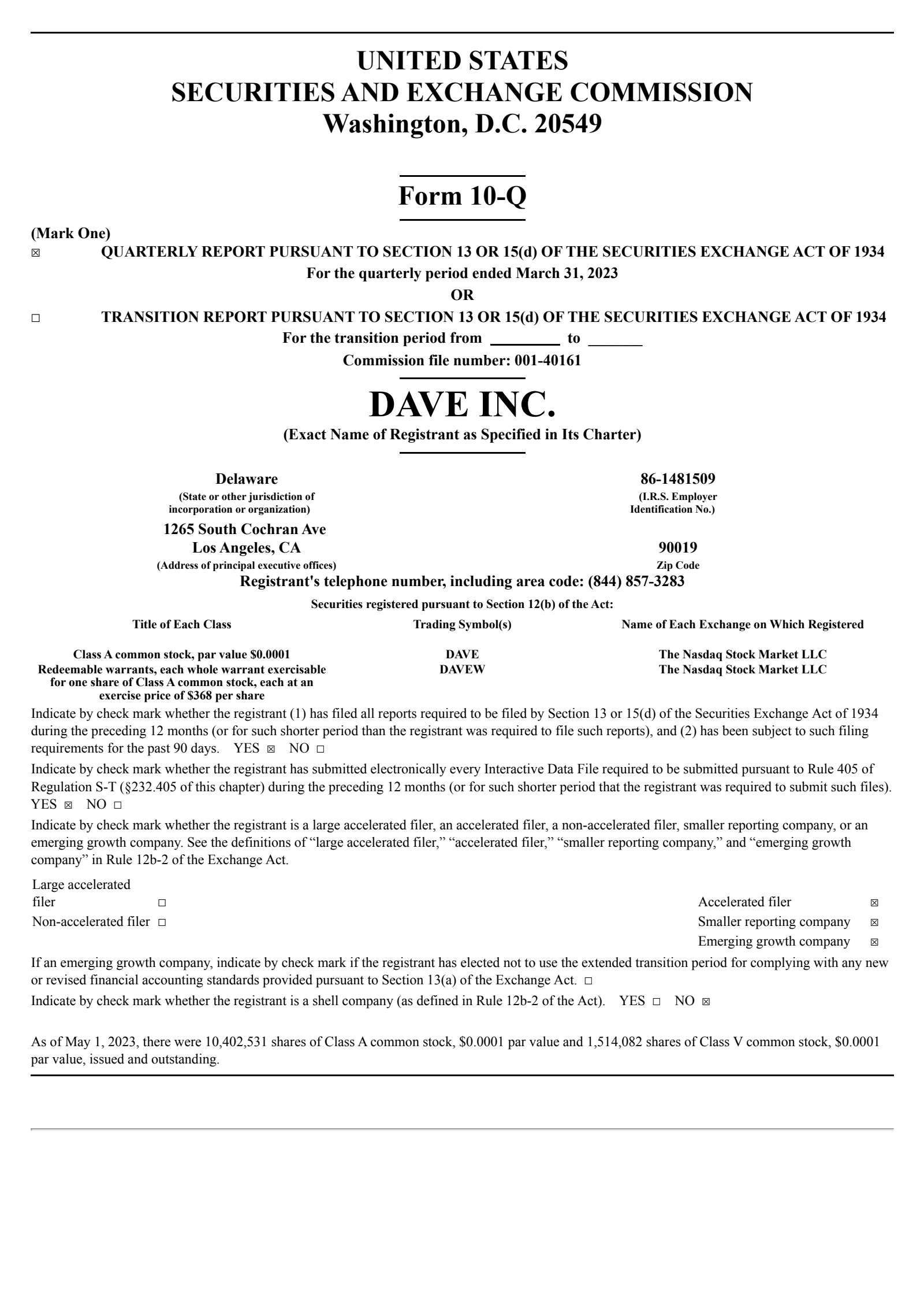 DAVE Q1 2023 Earnings Report on 5/9/2023