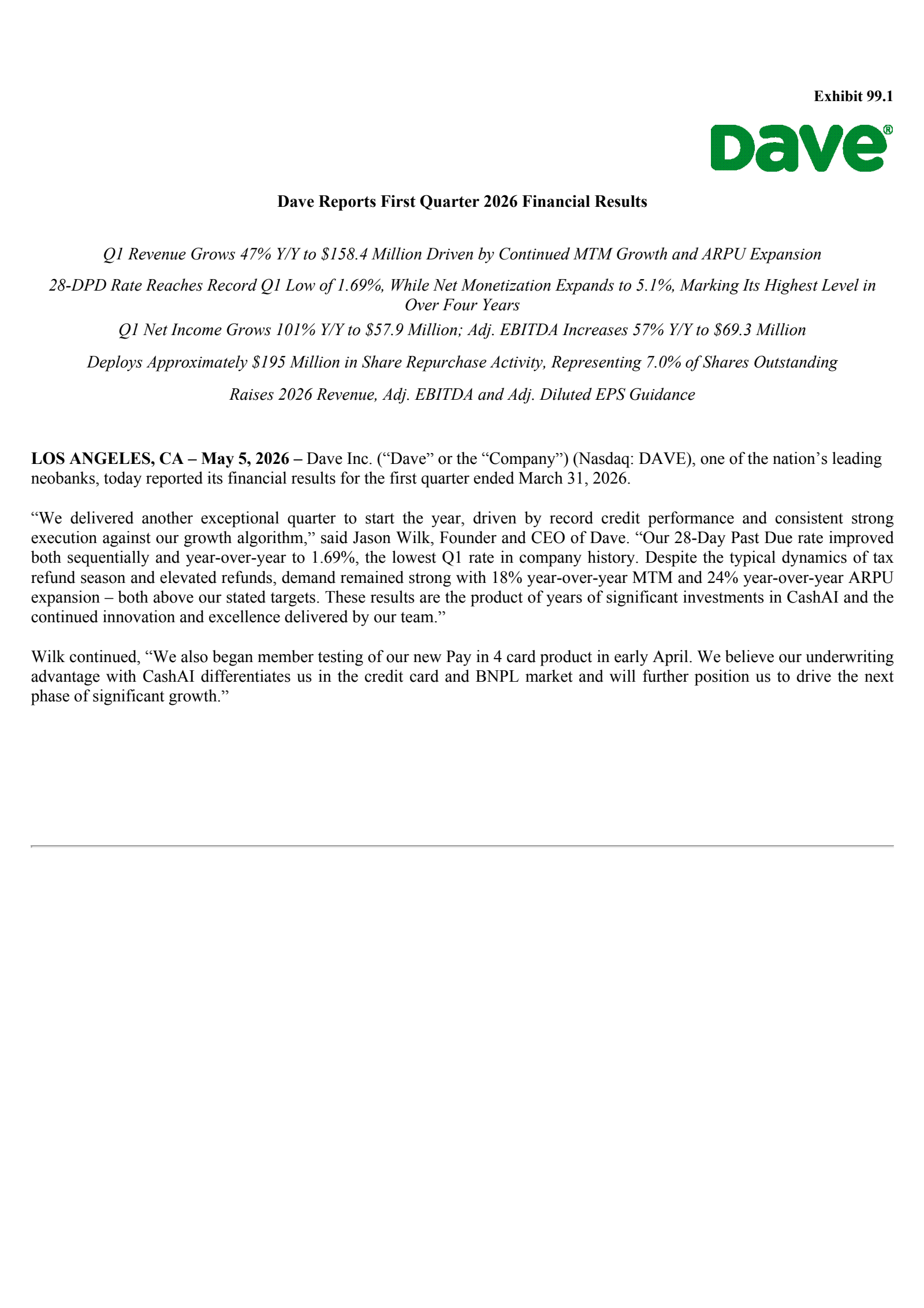 Dave's Q1 2026 Press Release