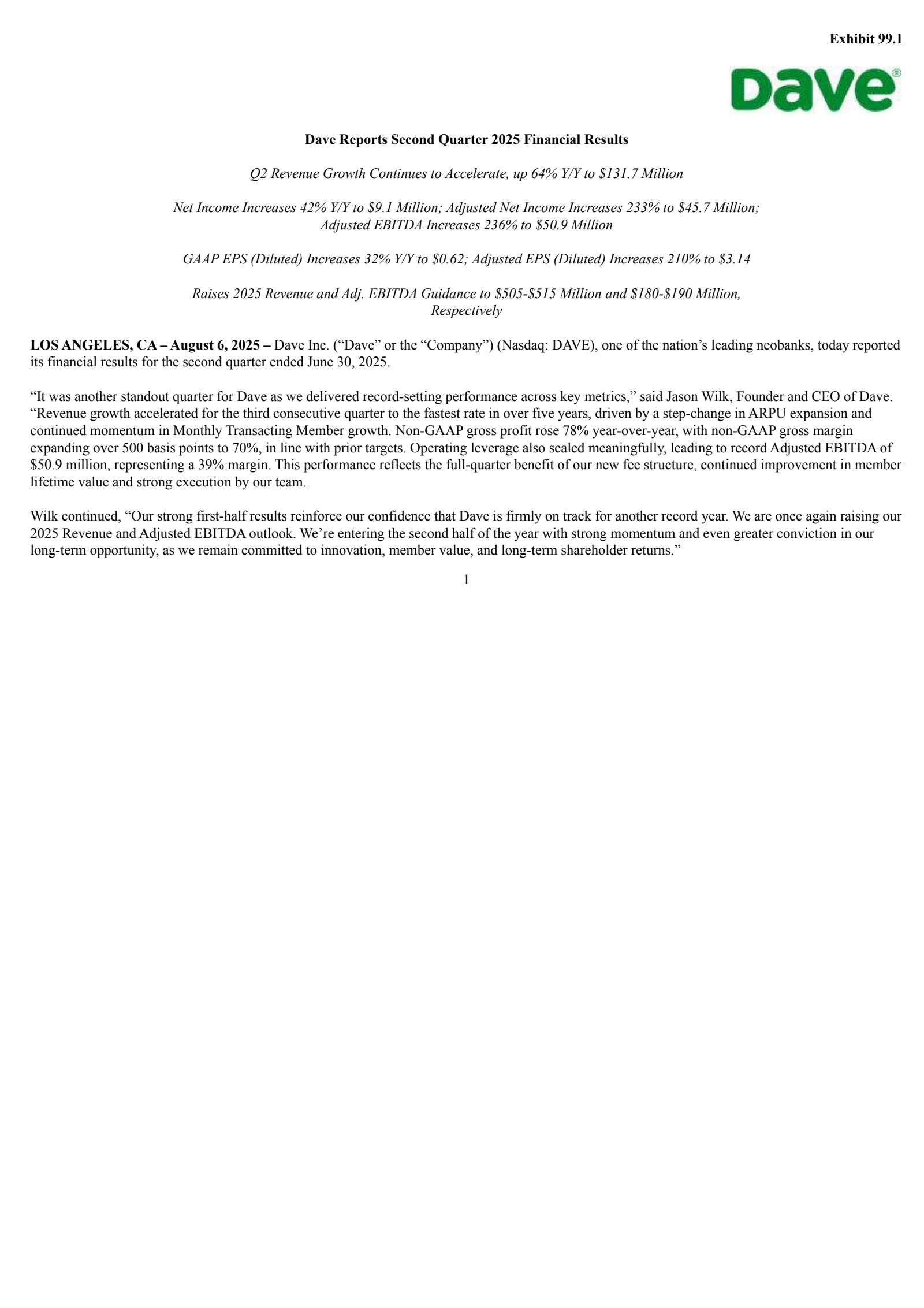 DAVE Q2 2025 Earnings Report on 8/6/2025
