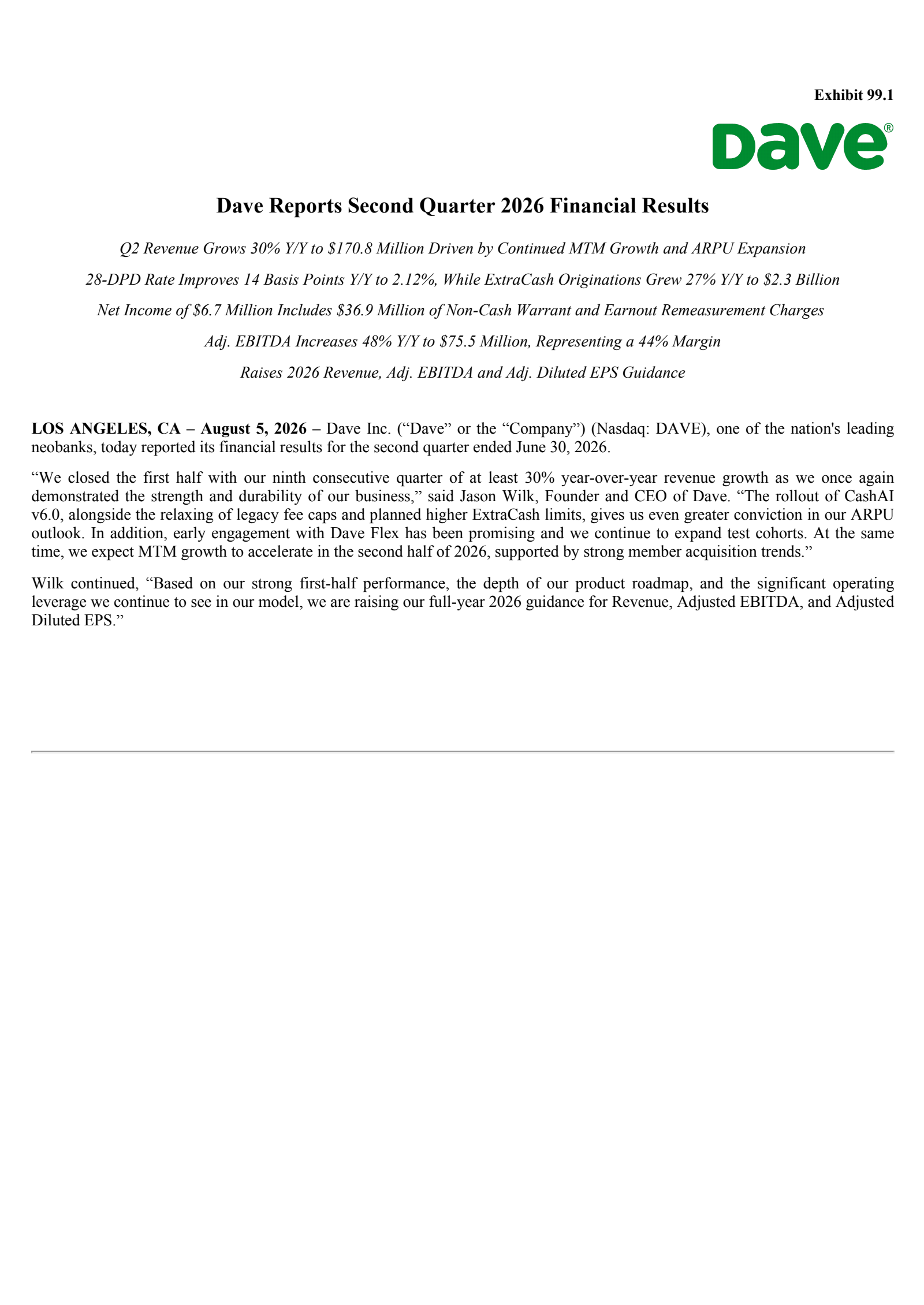 Dave's Q2 2026 Press Release