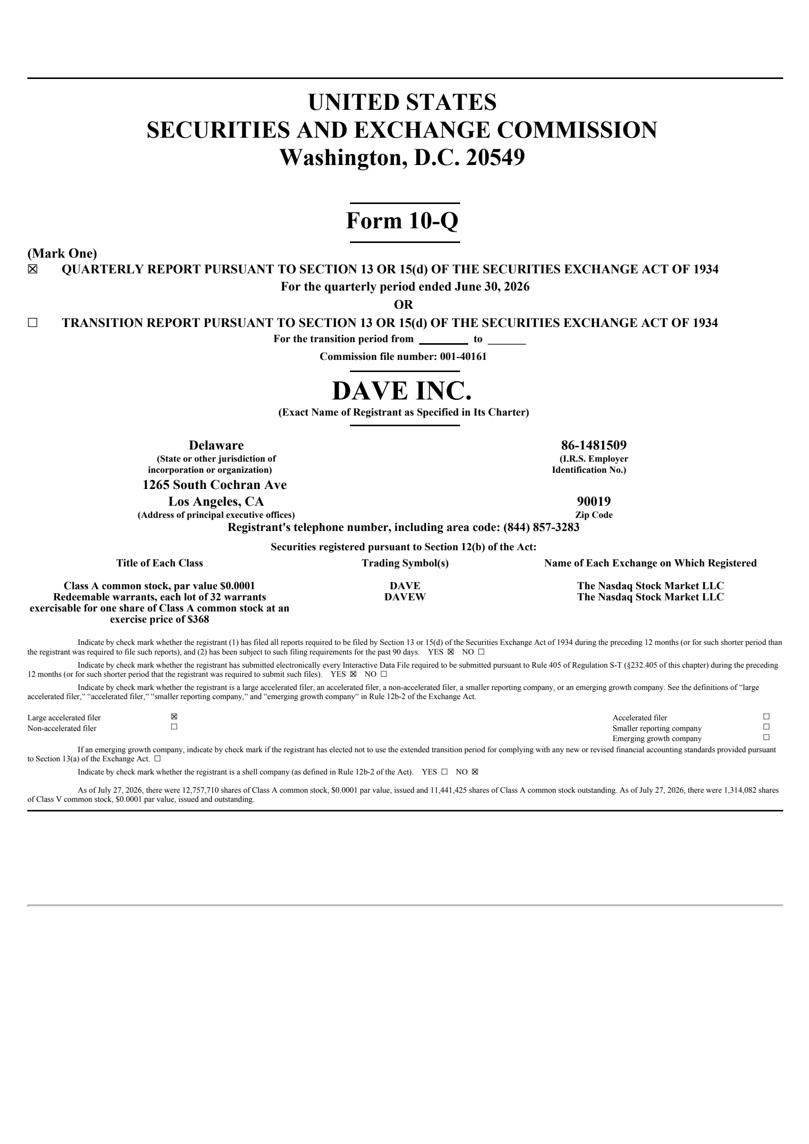 Dave's Q2 2026 Quarterly report
