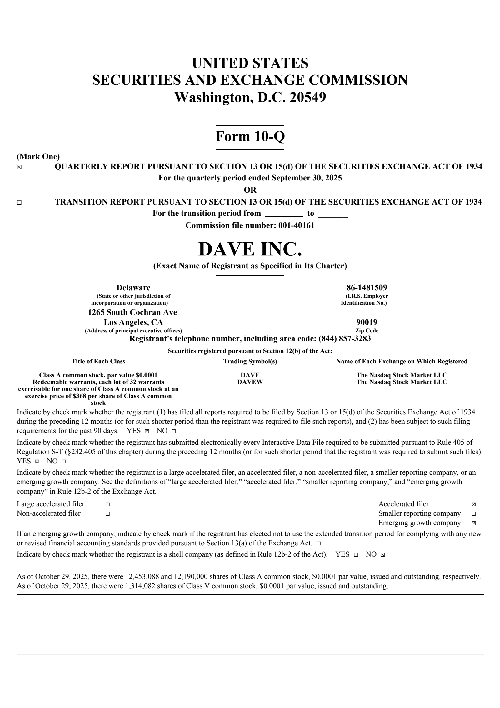 Dave's Q3 2025 Quarterly Report