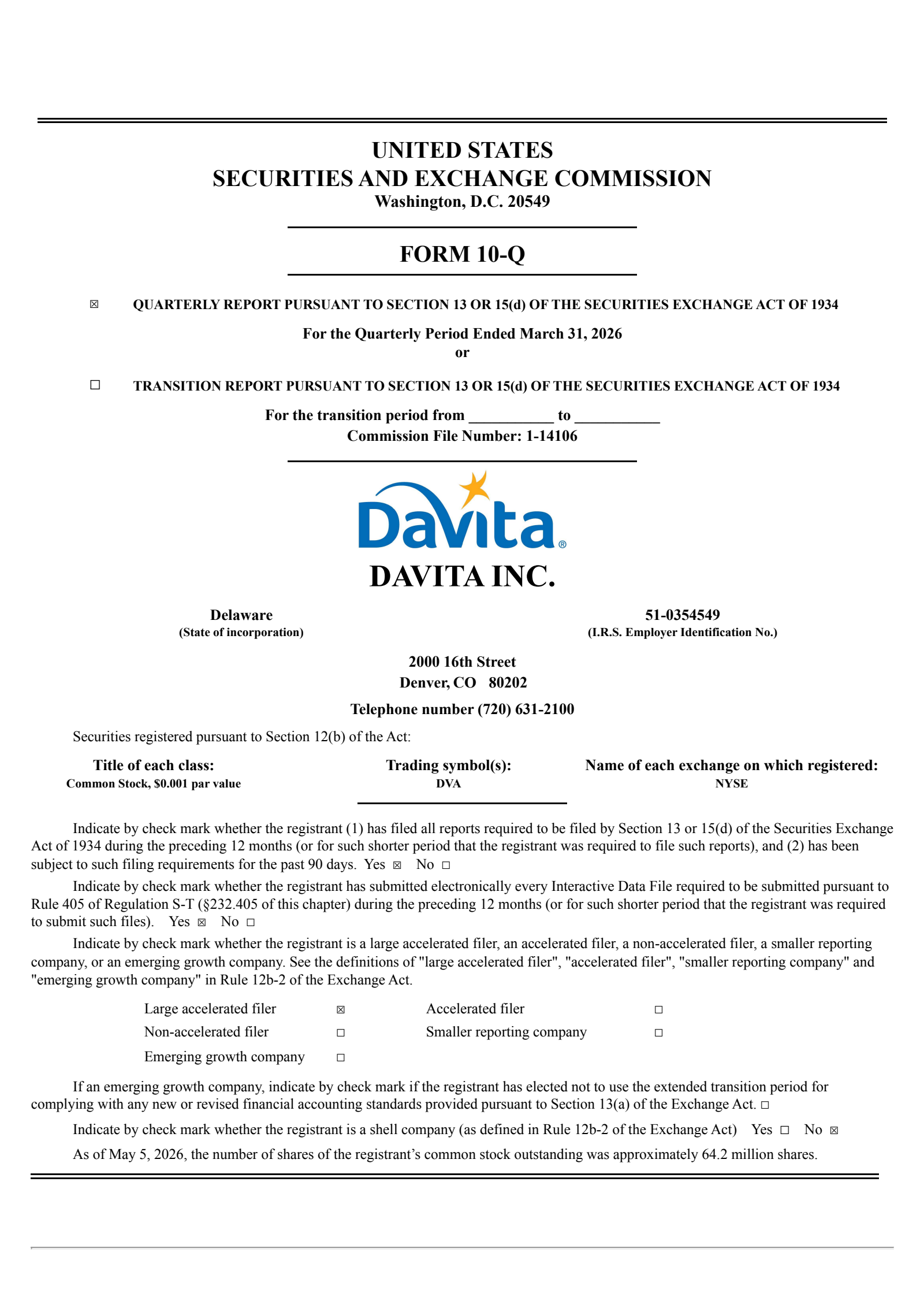 DaVita's Q1 2026 Quarterly report