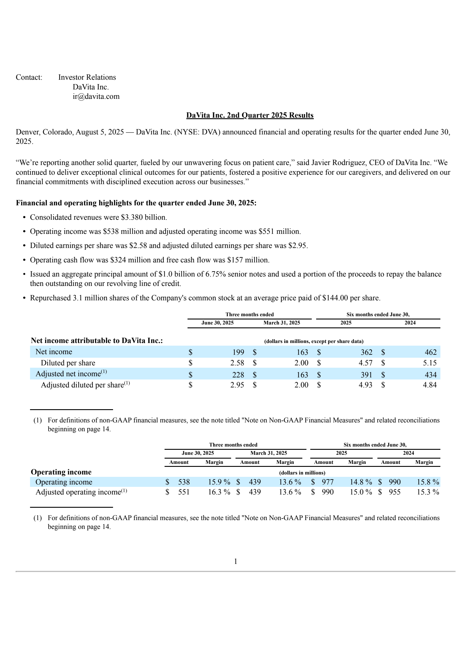 DaVita's Q2 2025 Press Release