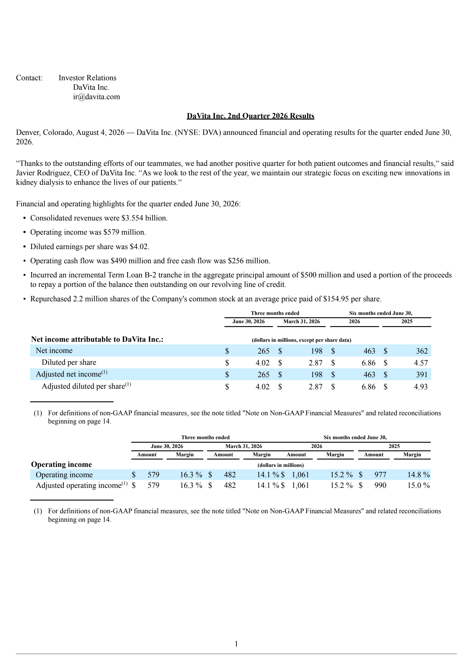 DaVita's Q2 2026 Press Release