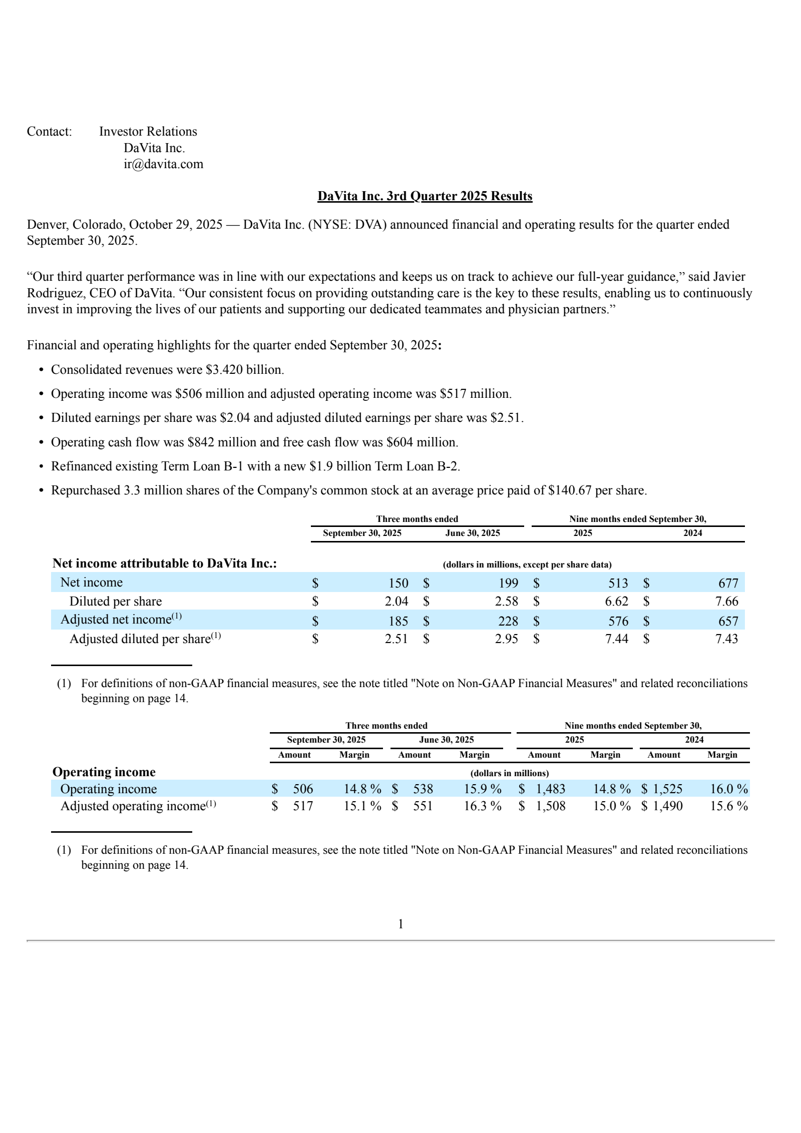DaVita's Q3 2025 Earnings Release