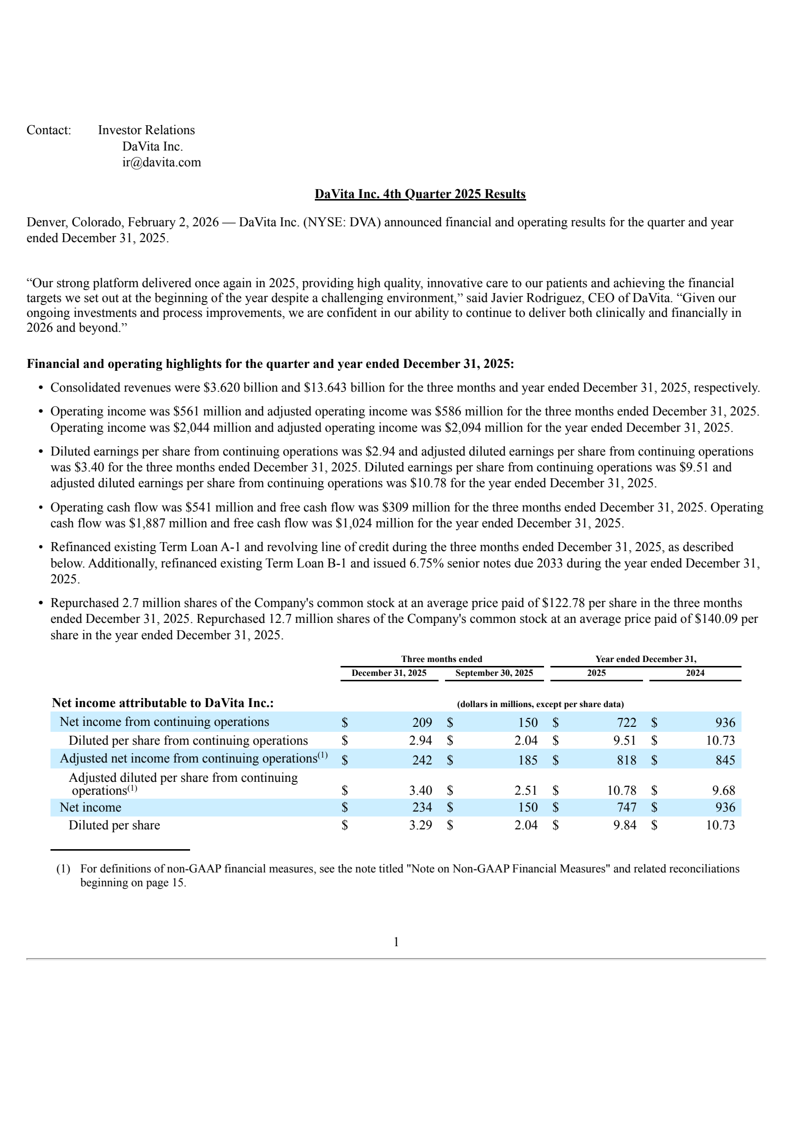 DaVita's Q4 2025 Press Release