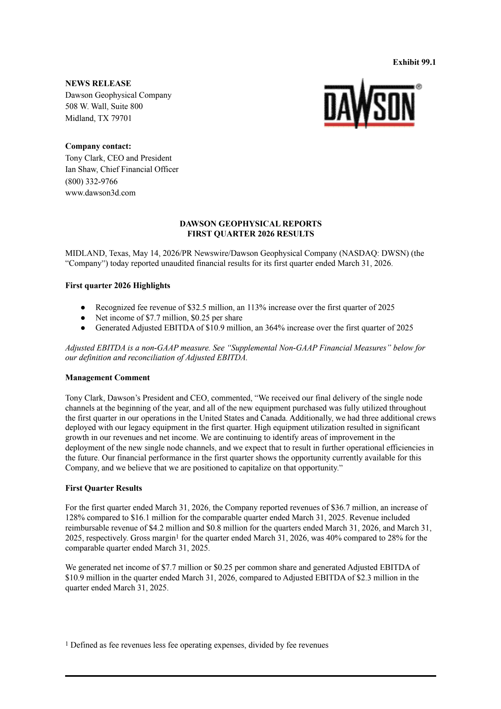 Dawson Geophysical's Q1 2026 Press Release