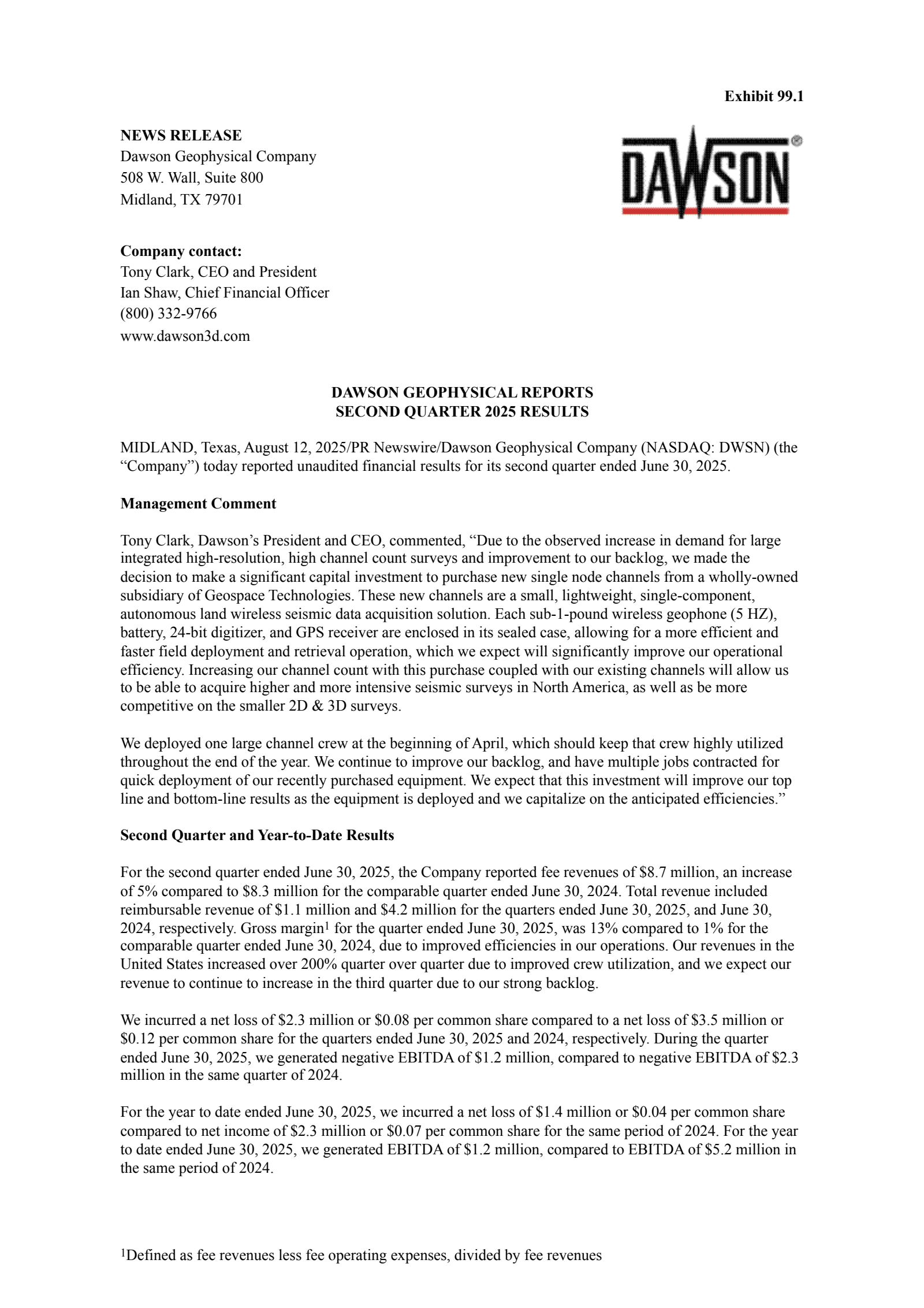 Dawson Geophysical's Q2 2025 Press Release