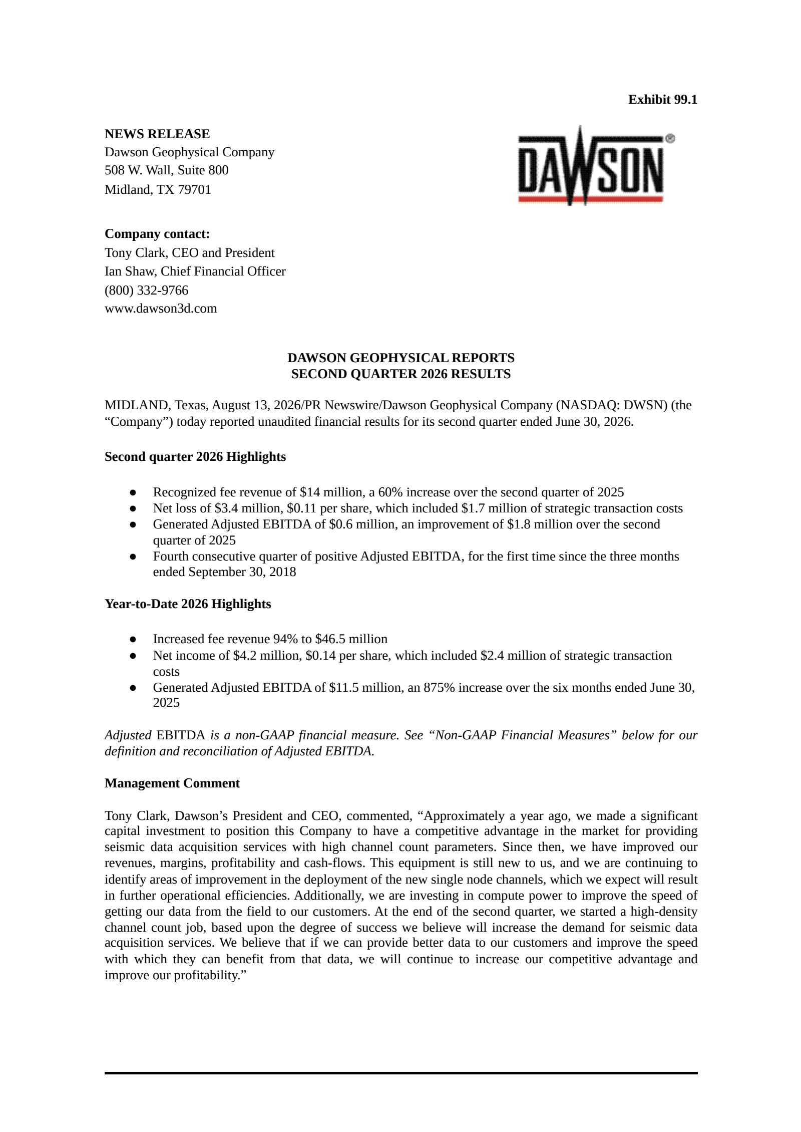 Dawson Geophysical's Q2 2026 Press Release