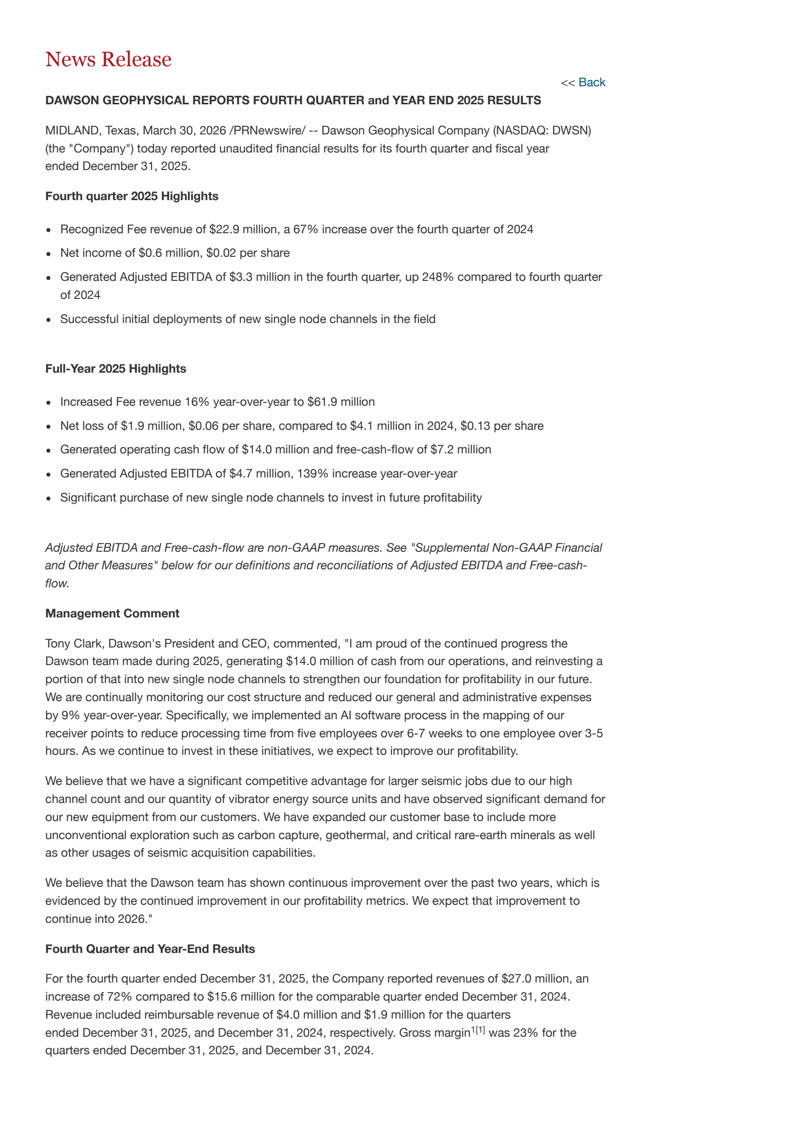 Dawson Geophysical's Q4 2025 Press Release