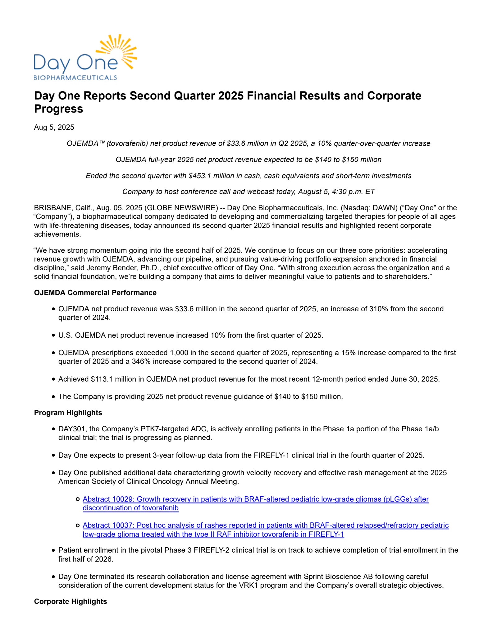 Day One Biopharmaceuticals' Q2 2025 Press Release