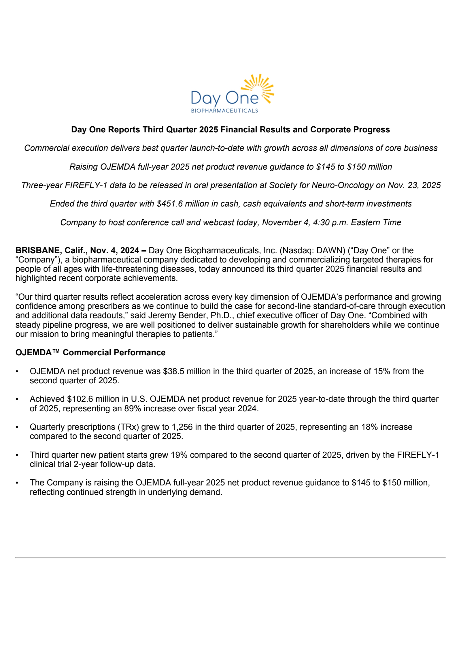 Day One Biopharmaceuticals' Q3 2025 Earnings Release