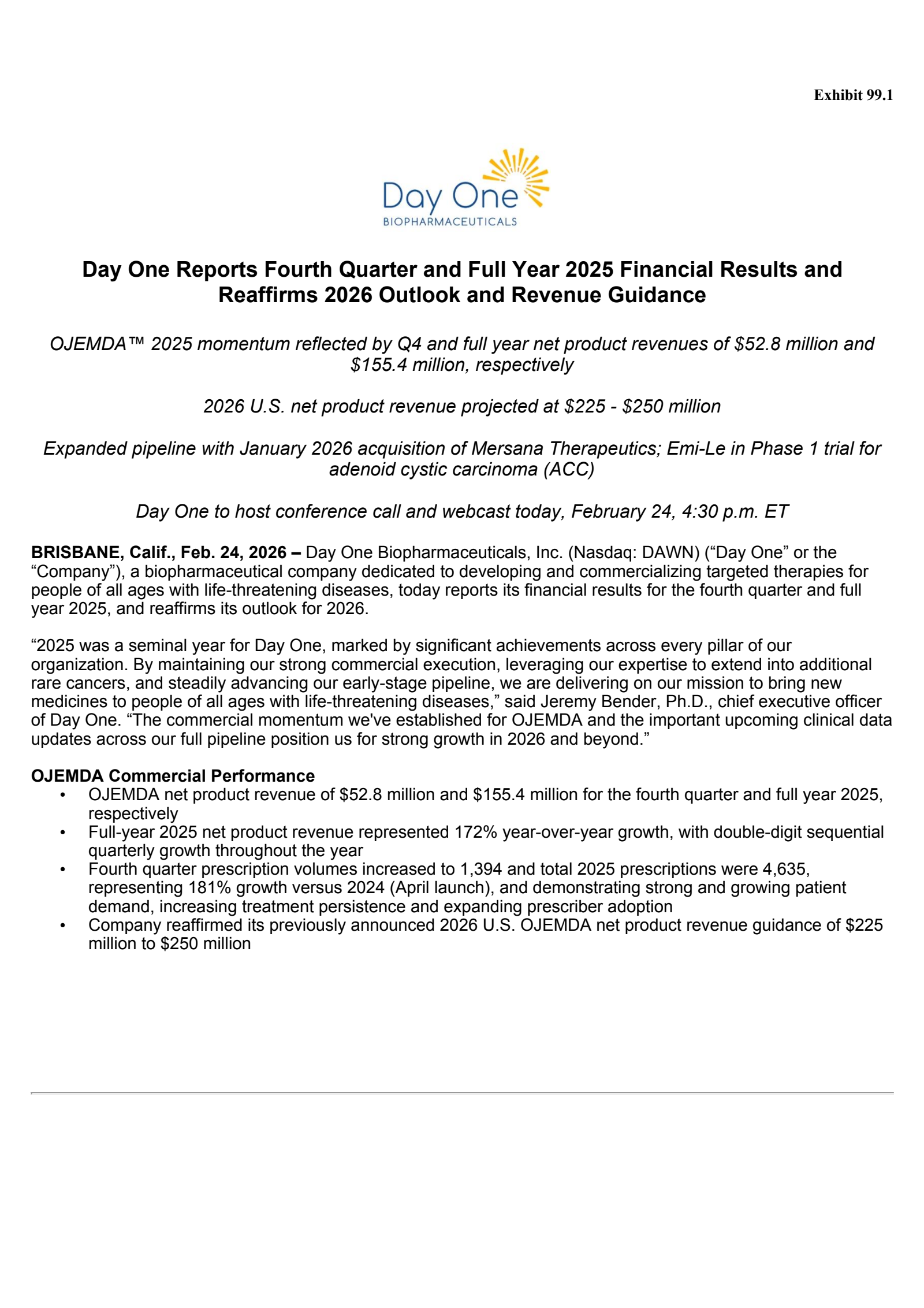 Day One Biopharmaceuticals' Q4 2025 Press Release