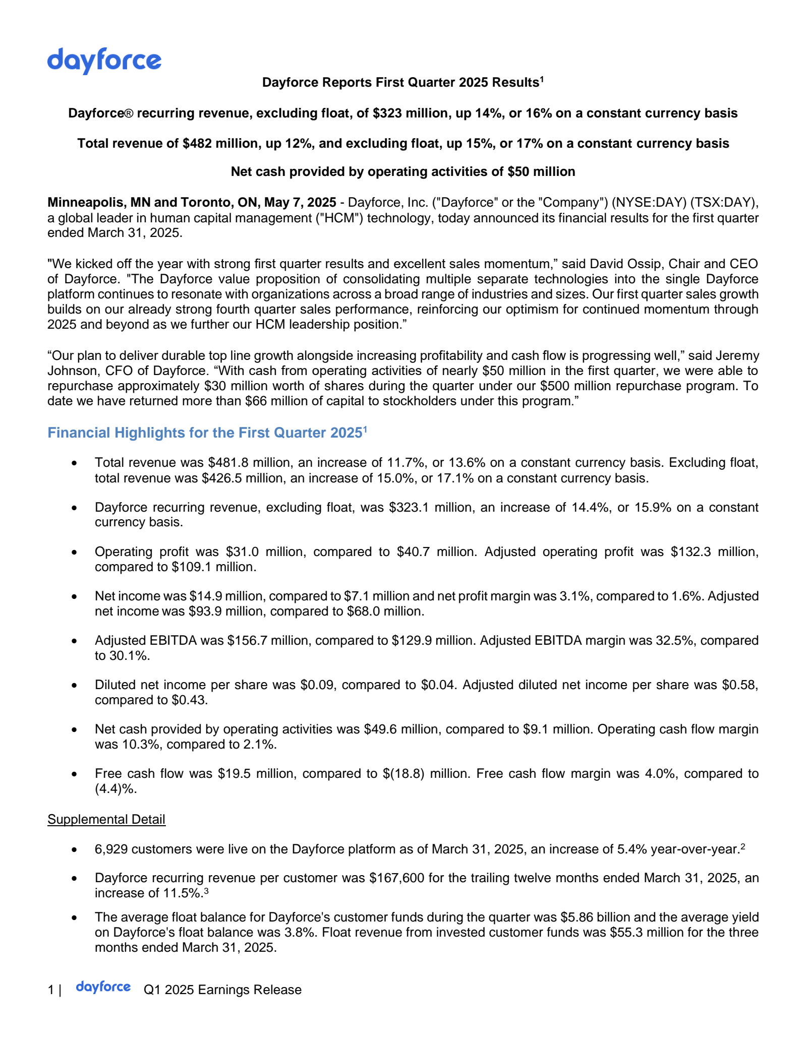 Dayforce's Q1 2025 Press Release