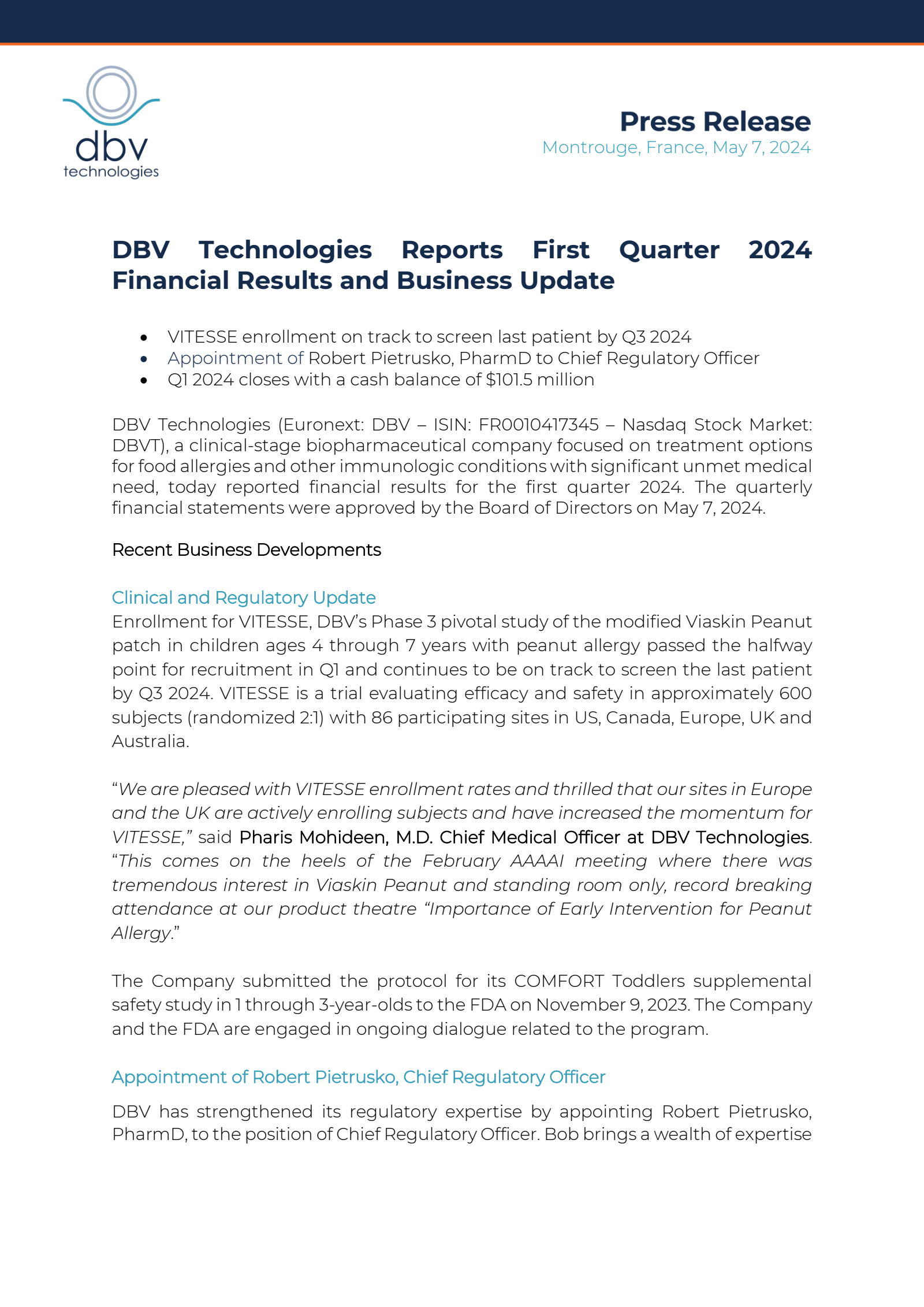 DBV Technologies' Q1 2024 Press Release