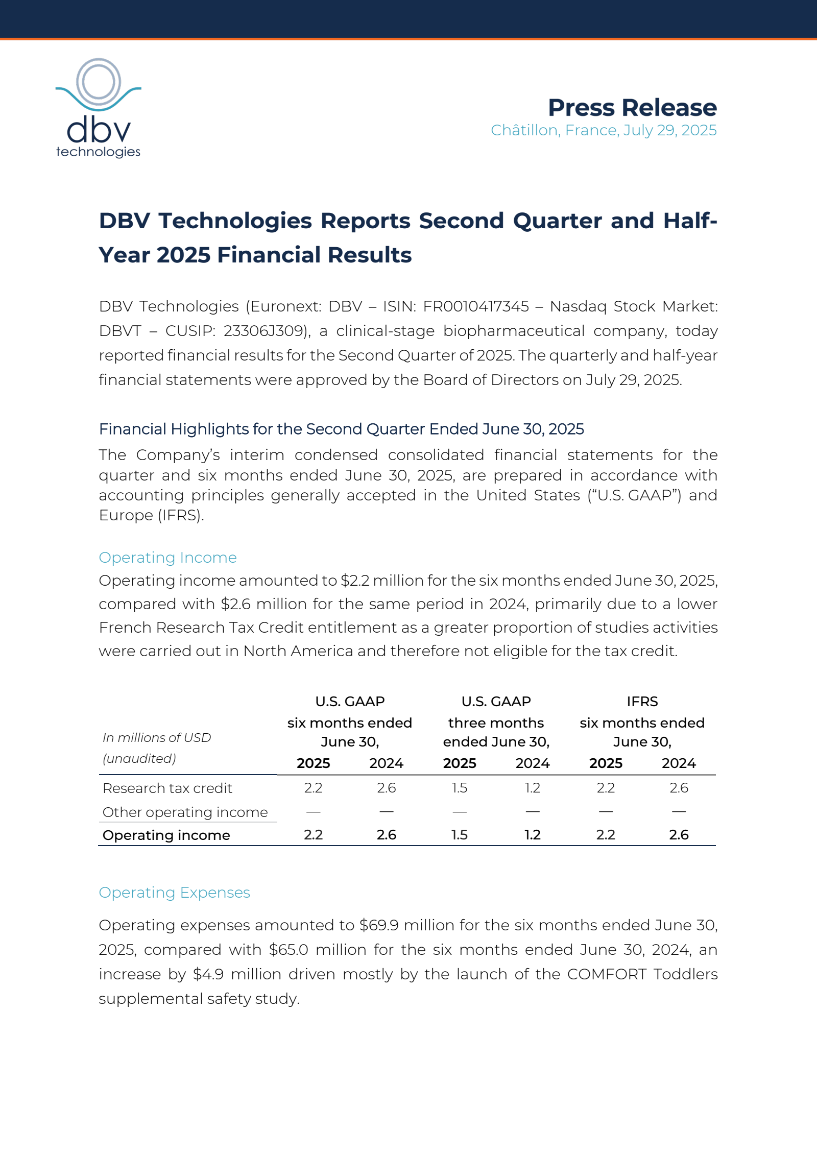 DBV Technologies' Q2 2025 Press Release